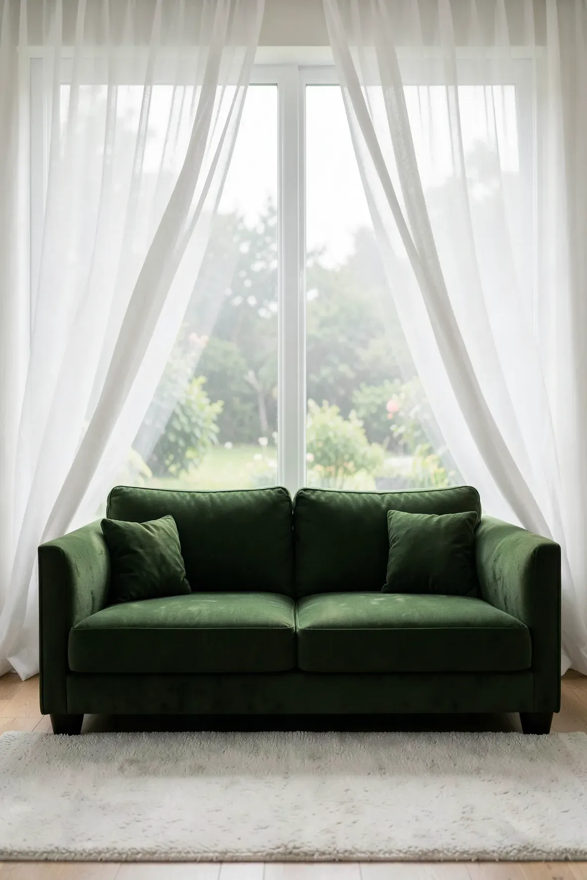 Soft white sheer curtains brightening a cozy corner with a dark green sofa.