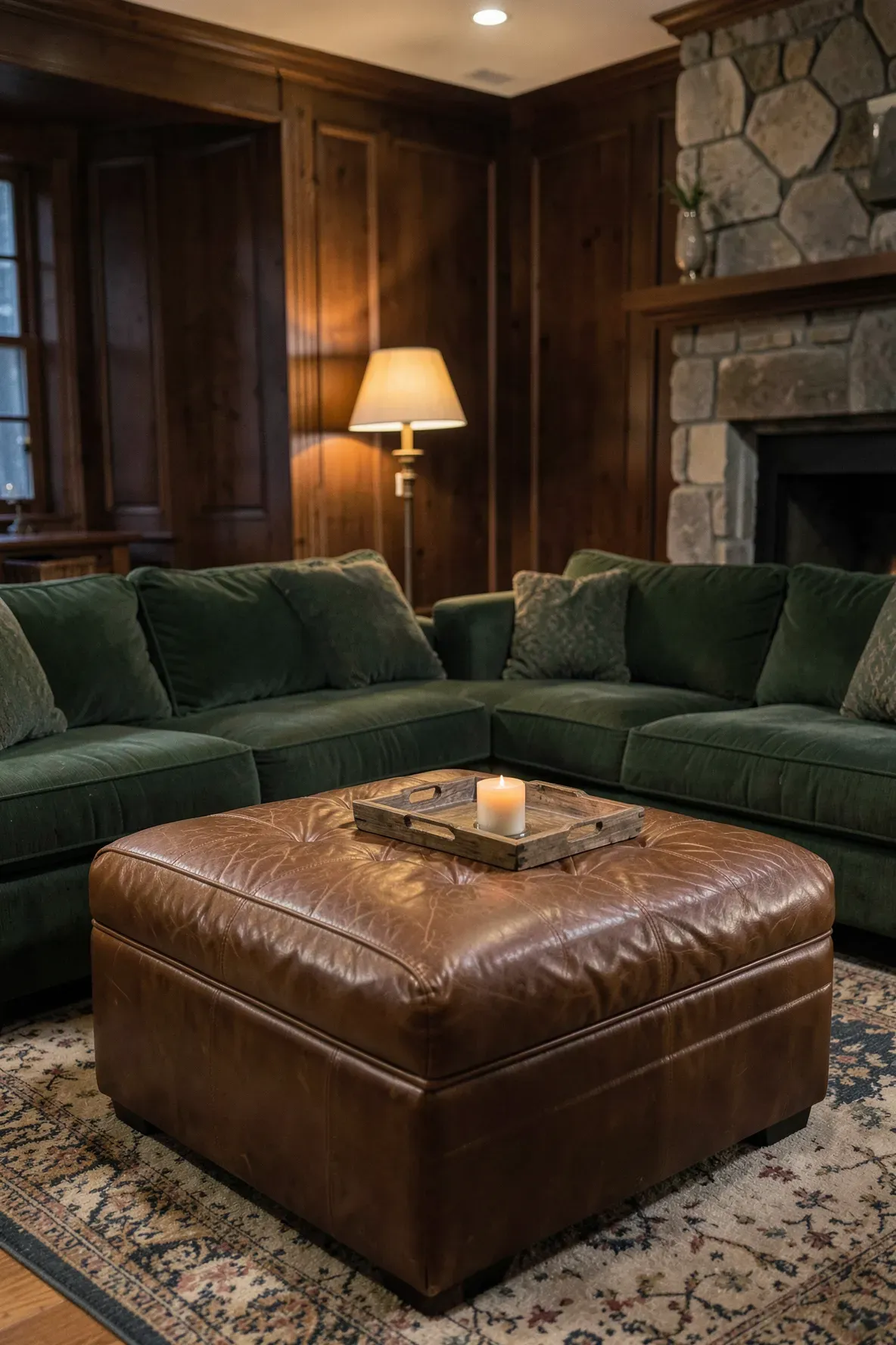 A rich cognac leather ottoman paired with a hunter green couch in a cozy, traditional room.