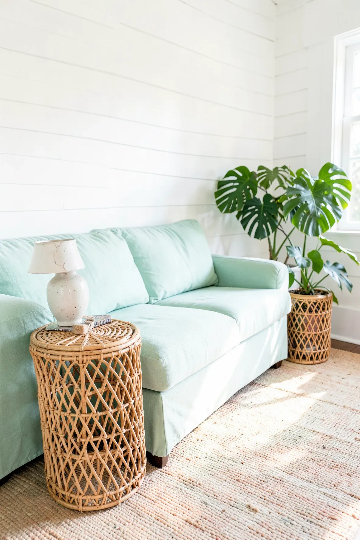 A mint green sofa next to a woven rattan side table in a bright, coastal living room.