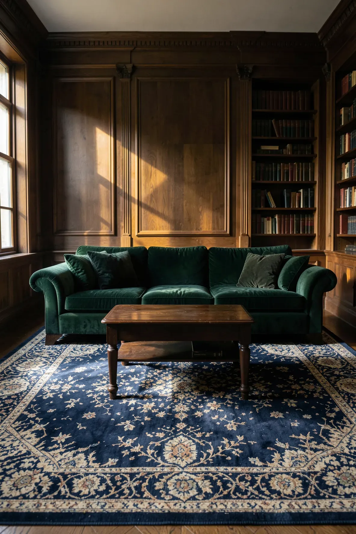 A dark green velvet couch sits atop a navy blue Persian rug in a cozy, wood-paneled library room.