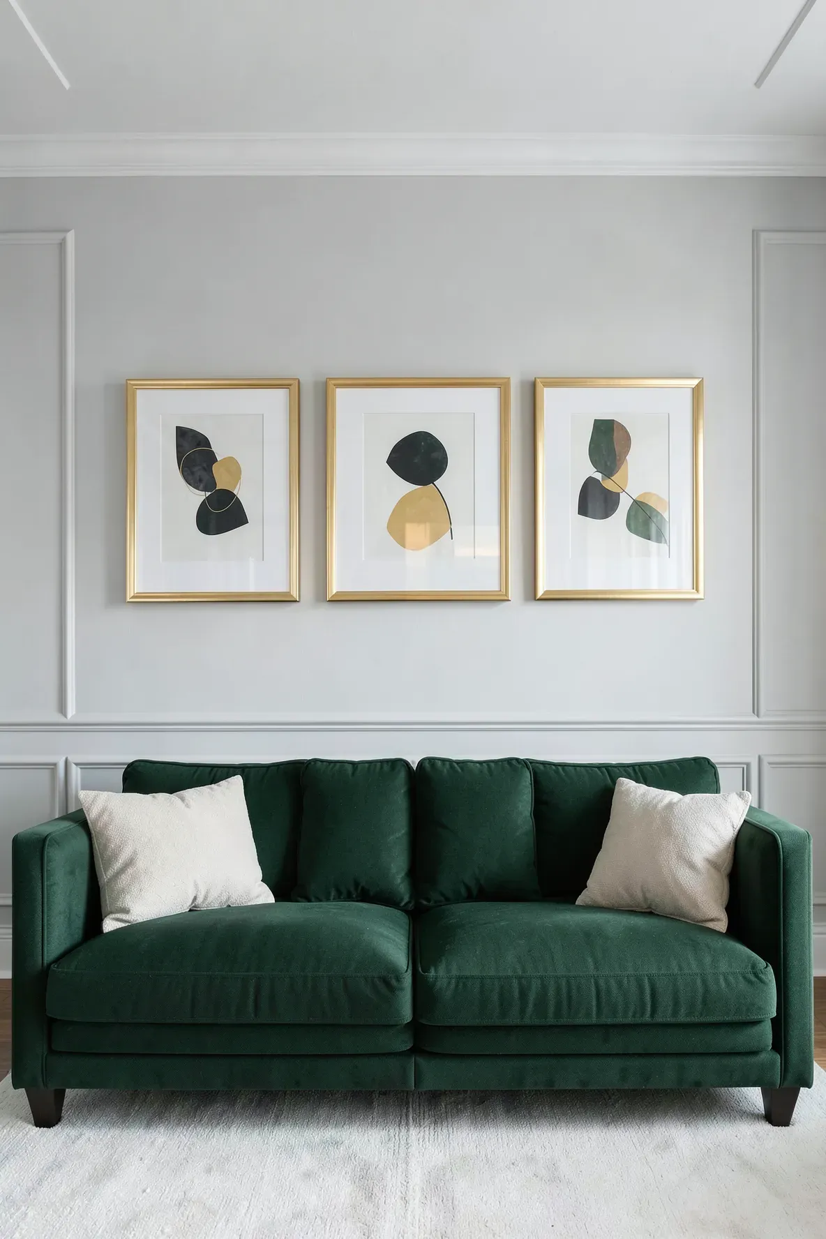 Three gold picture frames hang in a symmetrical row above a forest green sofa on a light gray wall.