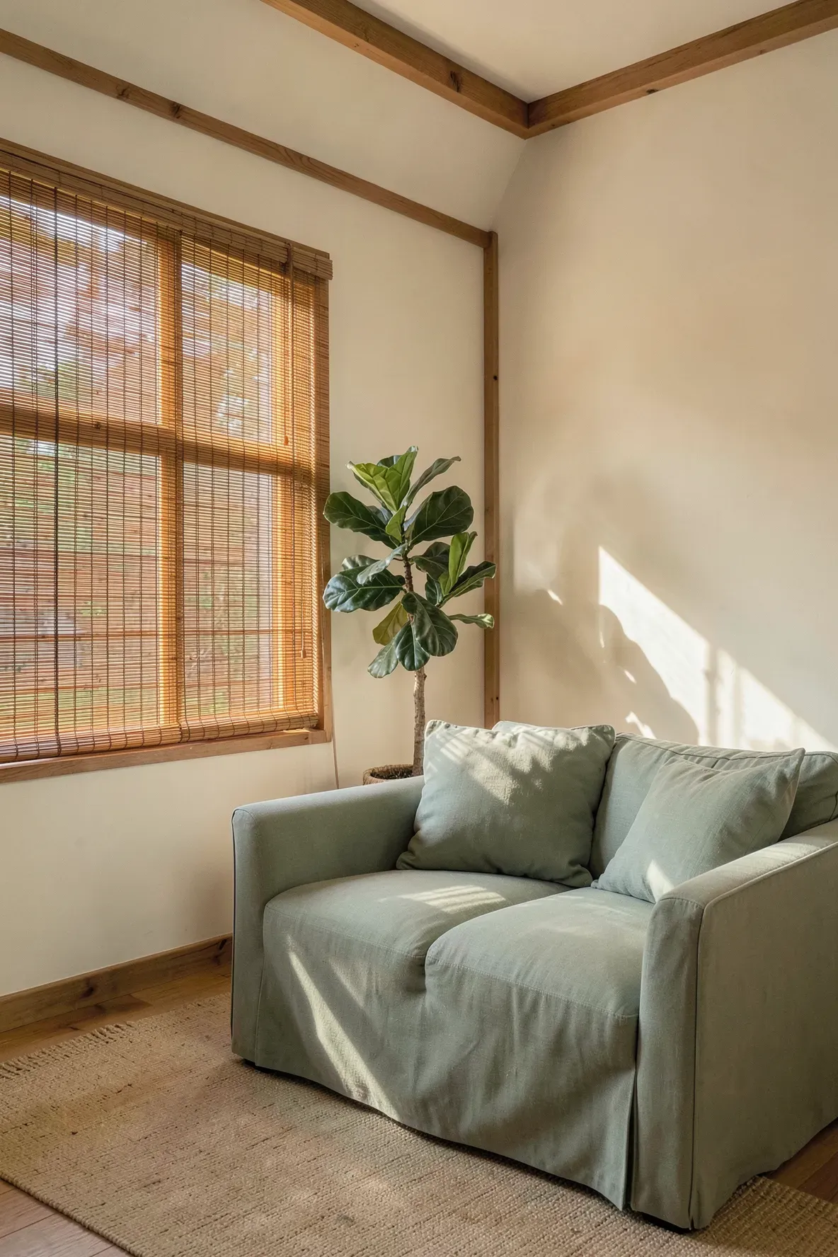 Natural bamboo blinds filter soft sunlight onto a sage green sofa in a serene, plant-filled room.
