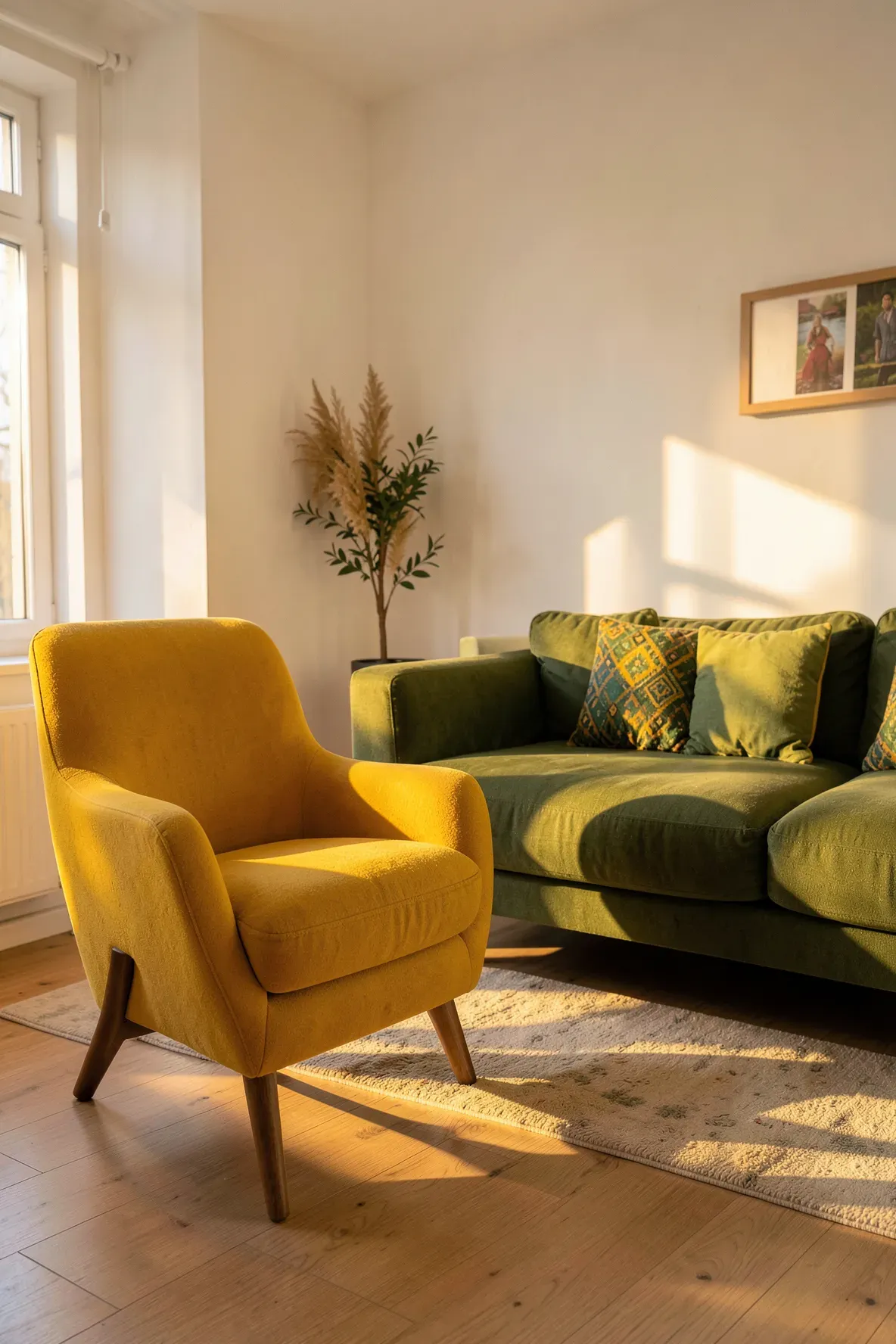 A bright mustard yellow armchair sits beside an olive green sofa in a sunlit, cozy living room.