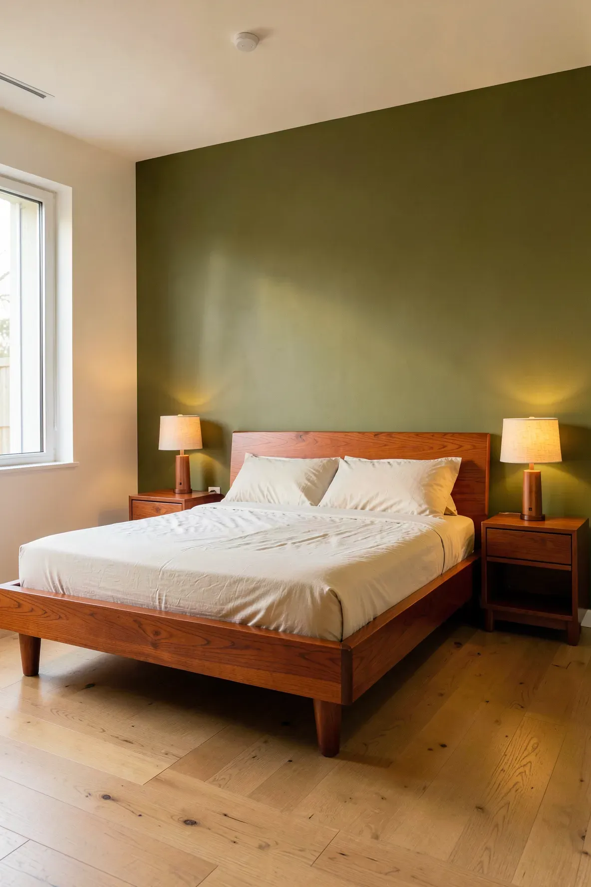 A mid-century modern bedroom with an olive green accent wall behind a vintage teak wood platform bed.