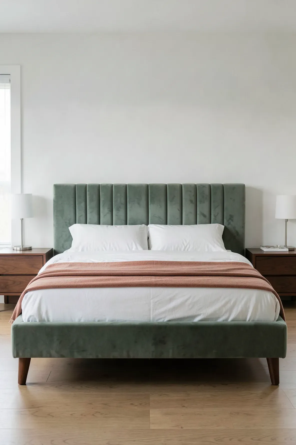 A sage green velvet channel-tufted headboard on a bed with tapered legs in a bright bedroom.