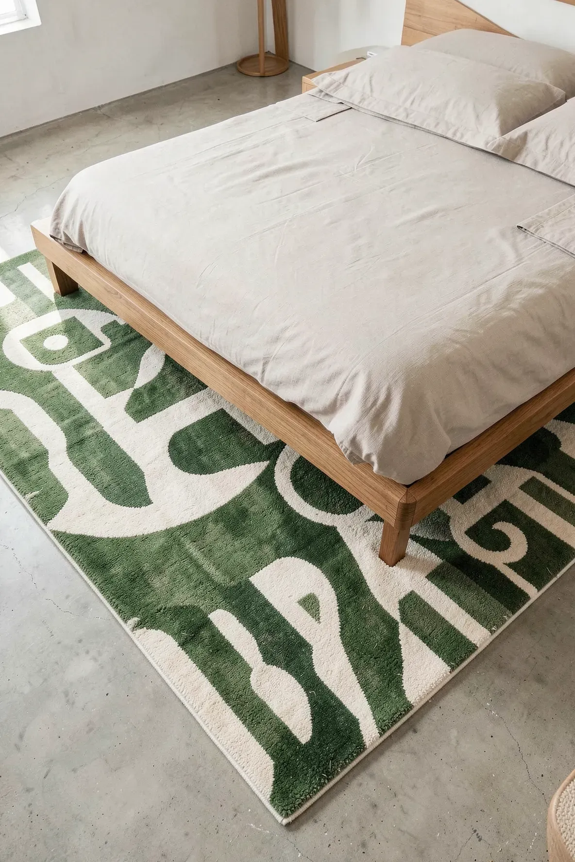 A geometric green and cream patterned rug placed under a mid-century modern bed.