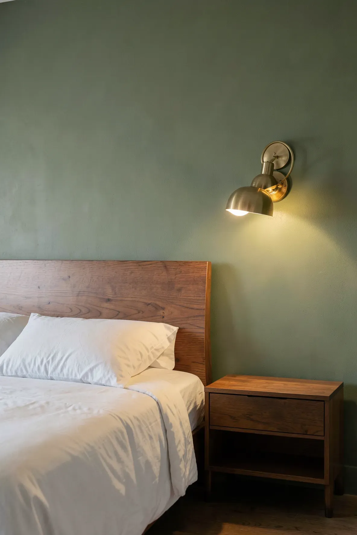 Brass swing-arm sconces mounted on a moss green wall above a mid-century nightstand.