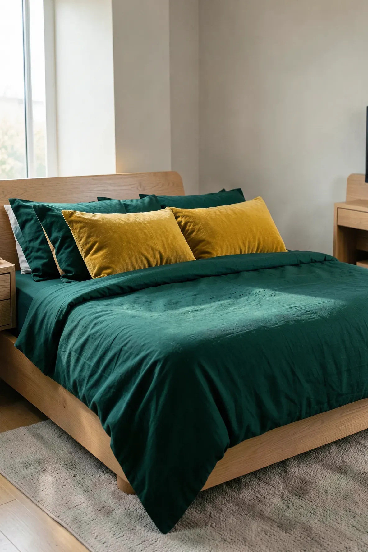 Dark emerald green bedding with mustard yellow throw pillows in a mid-century modern bedroom.