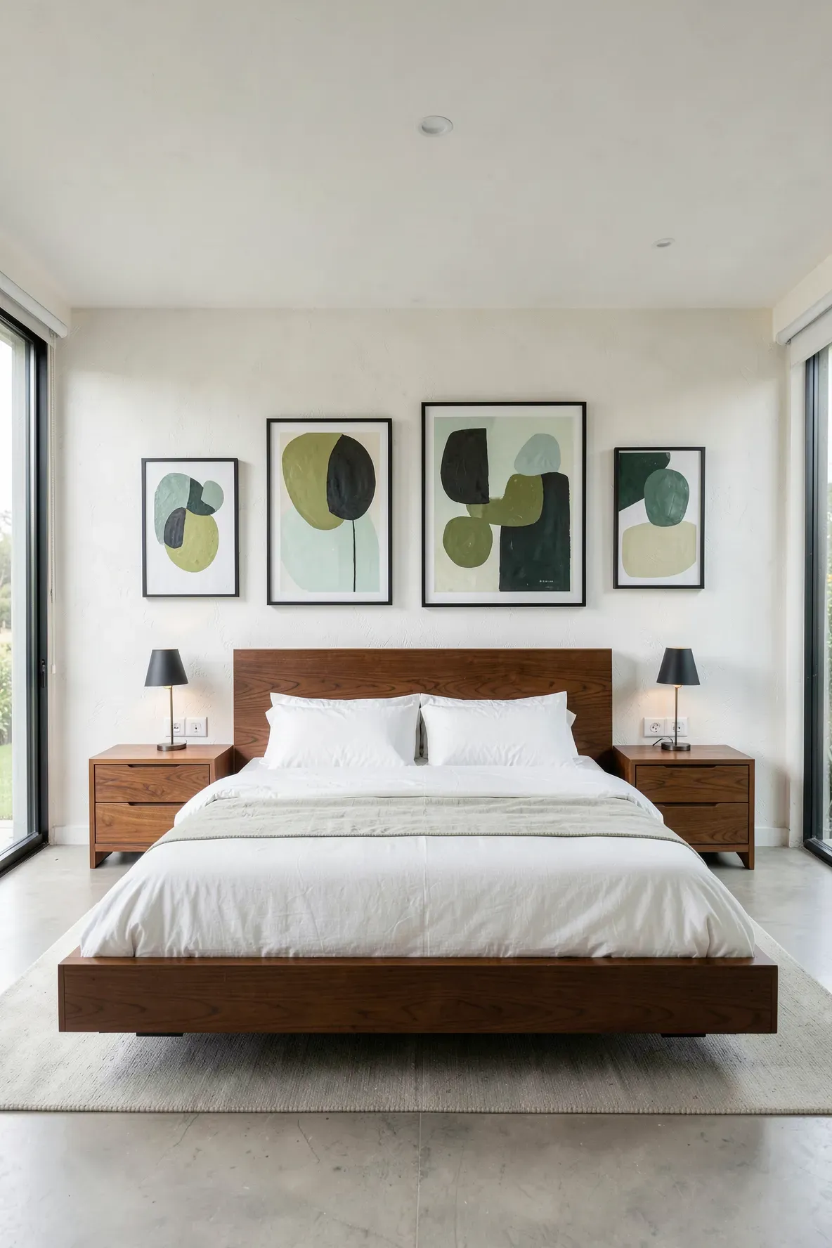 A mid-century bedroom featuring green abstract art in black frames above a walnut bed.