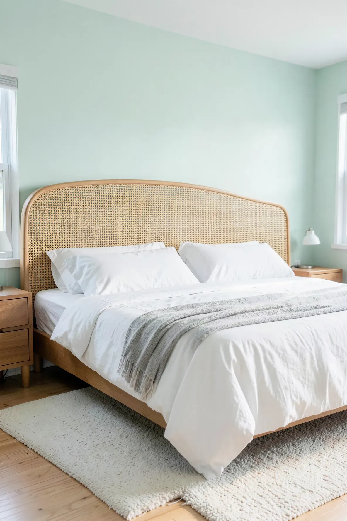 A natural cane headboard set against a soft mint green wall in a bright bedroom.