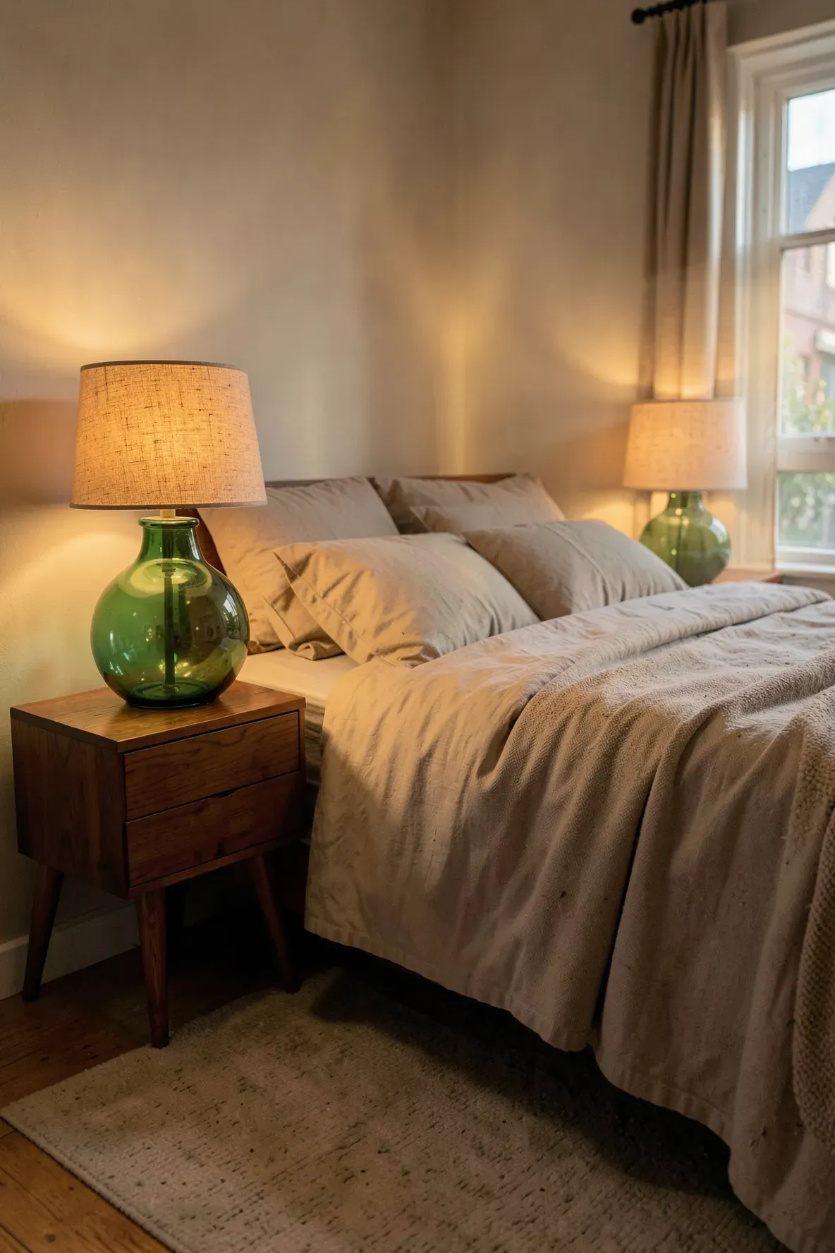 Vintage emerald green glass lamps on teak nightstands in a mid-century bedroom.