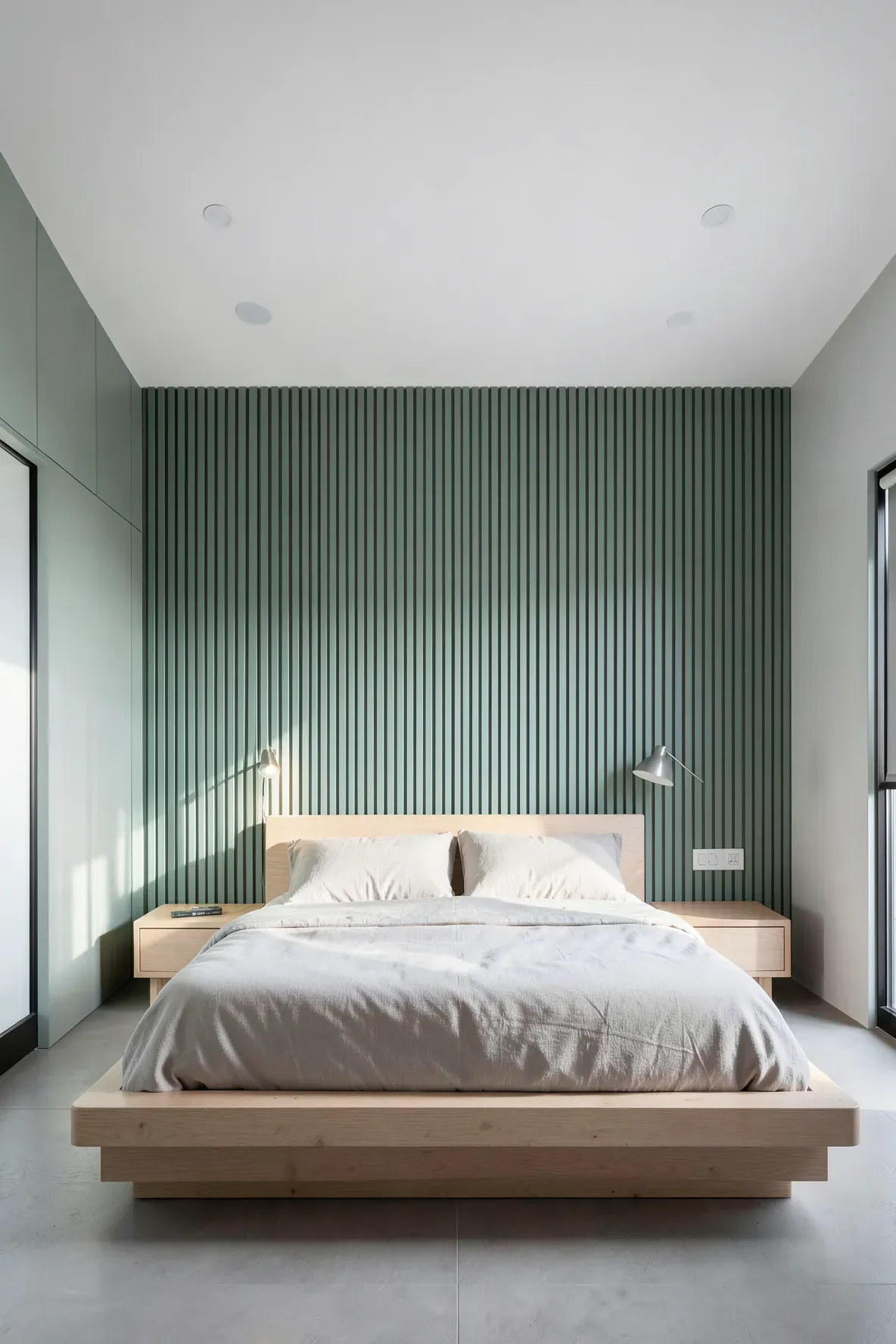 A vertical wood slat wall painted in eucalyptus green behind a platform bed.