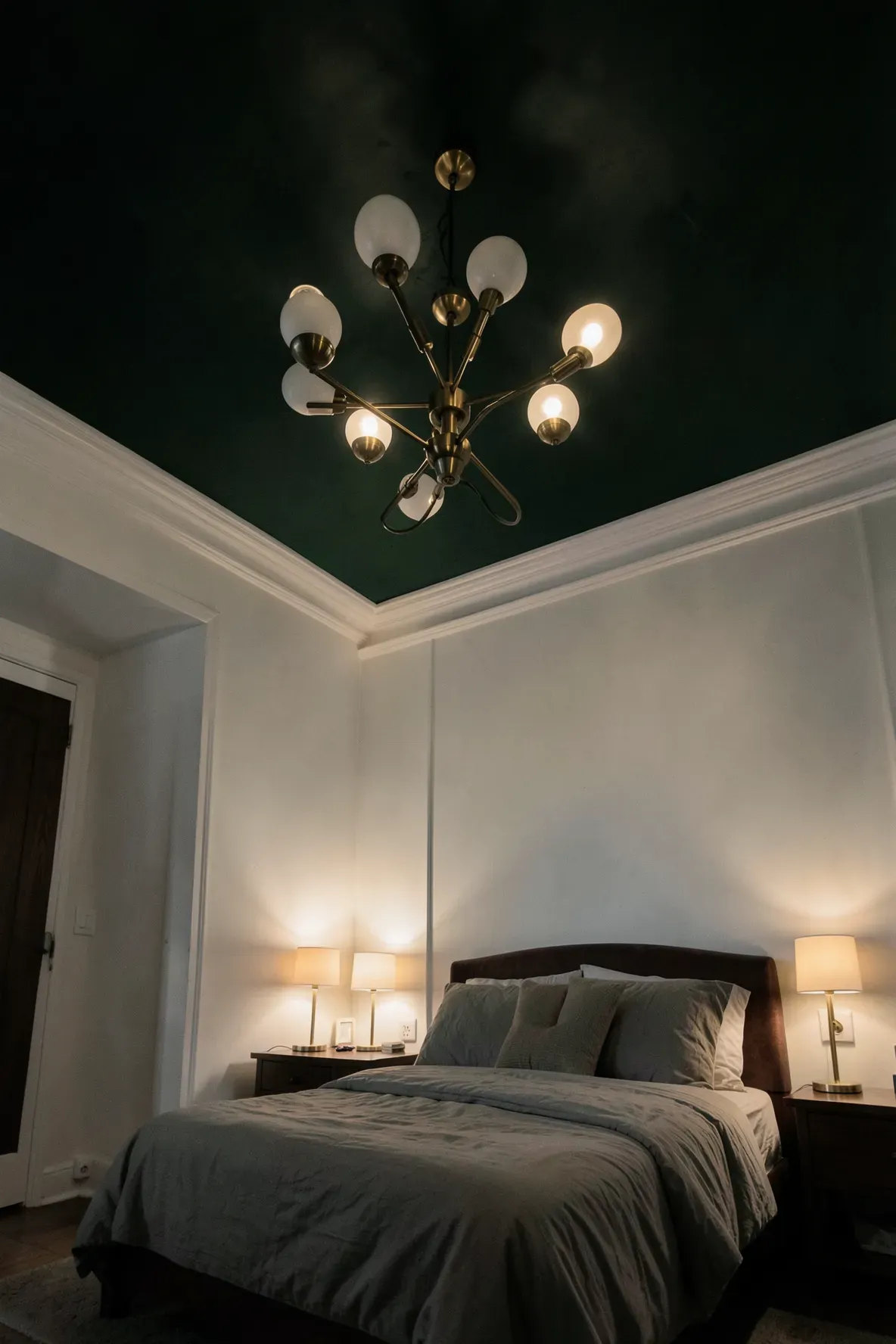 A bedroom with a dark hunter green ceiling and a brass Sputnik chandelier.