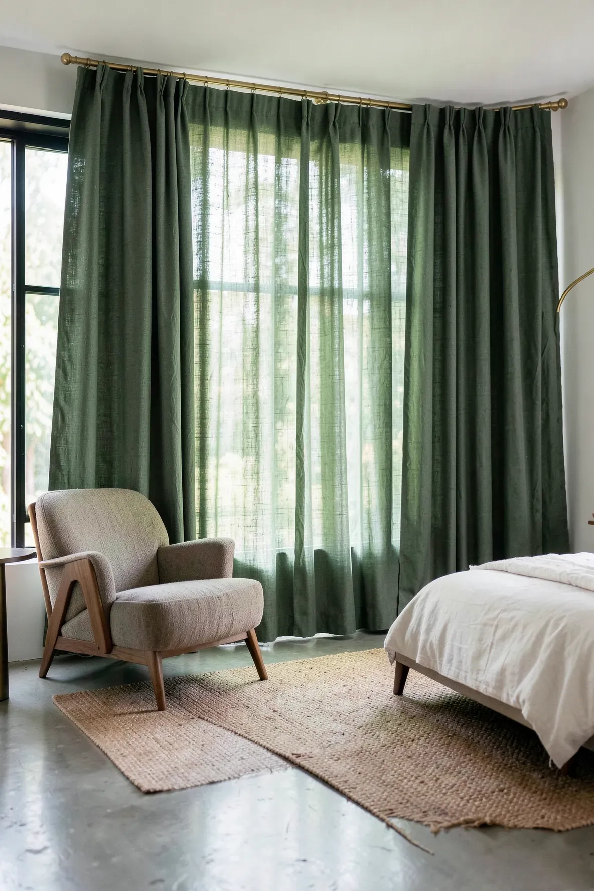 Herbaceous green linen curtains filtering sunlight in a mid-century modern bedroom.