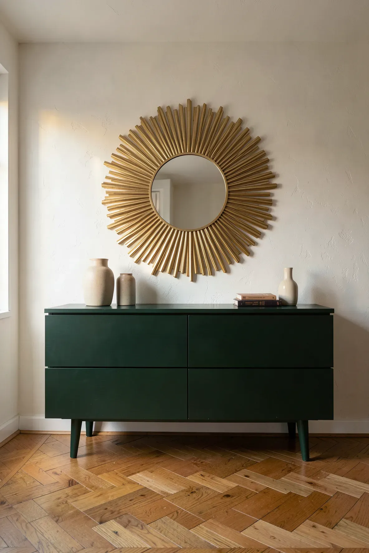 A gold sunburst mirror hangs above a dark green mid-century dresser in a bright, stylish bedroom.