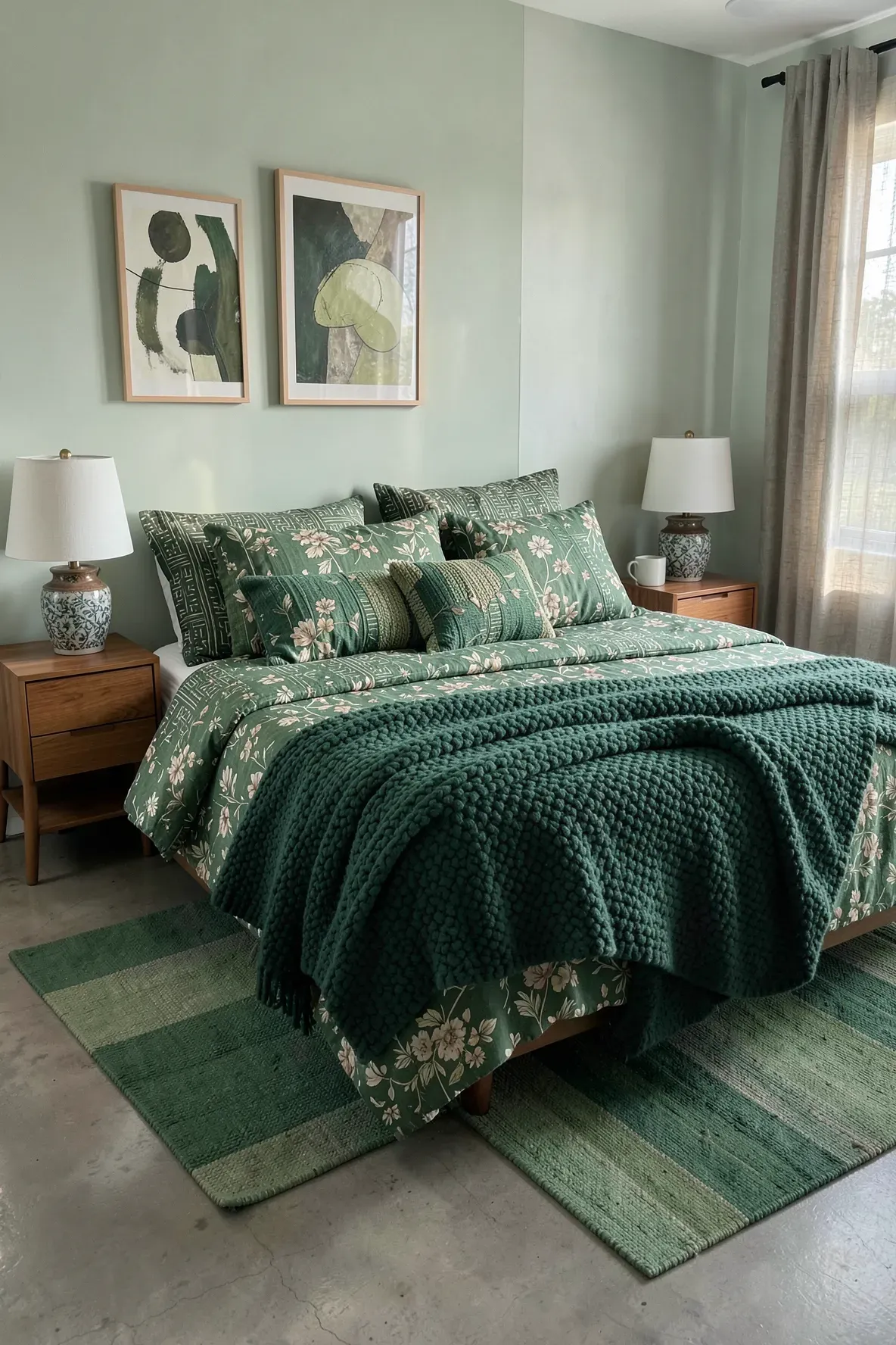 A bed layered with various green patterned pillows and a chunky knit blanket in a mid-century room.