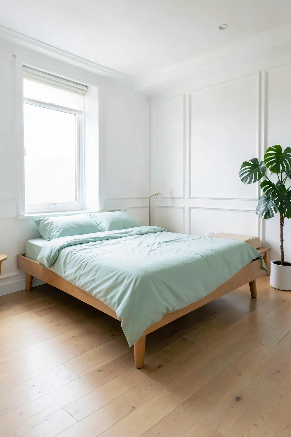 A light oak bed frame with a seafoam green comforter in a bright, white-walled modern bedroom.