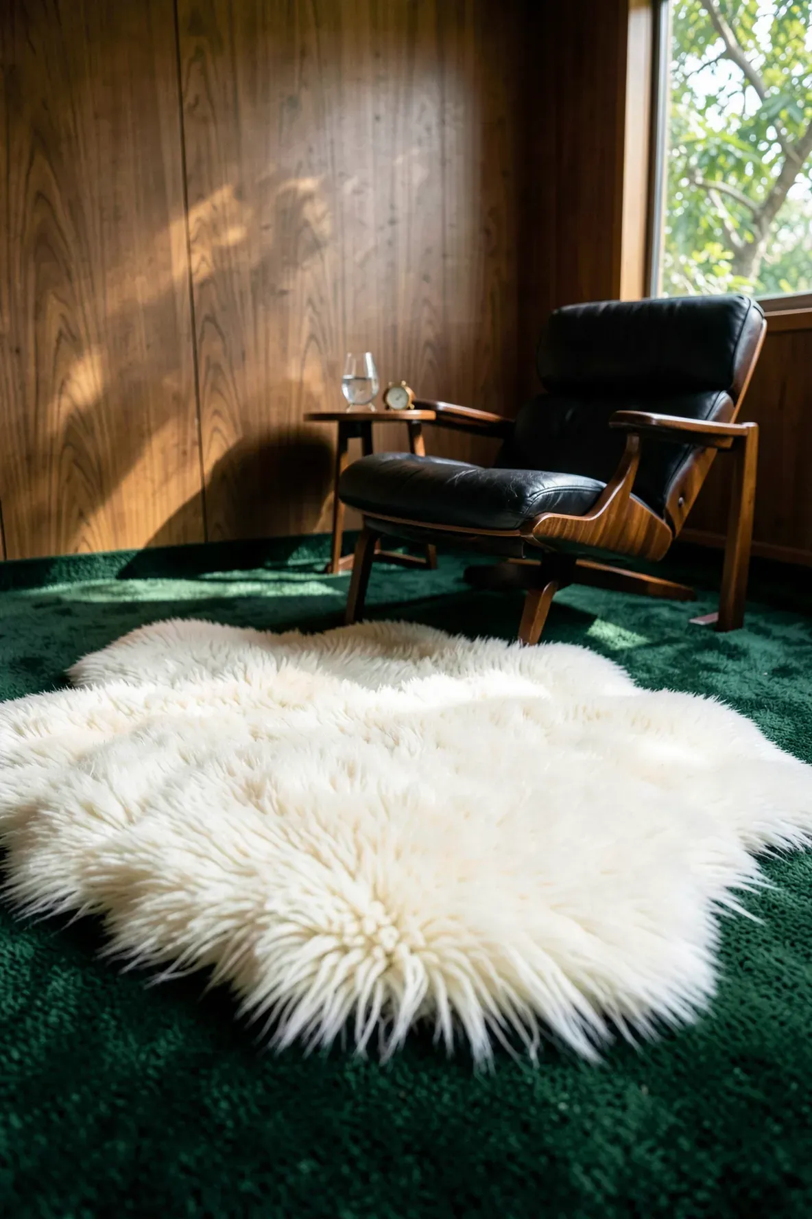A fluffy white sheepskin rug layered over a dark green carpet next to a mid-century lounge chair.