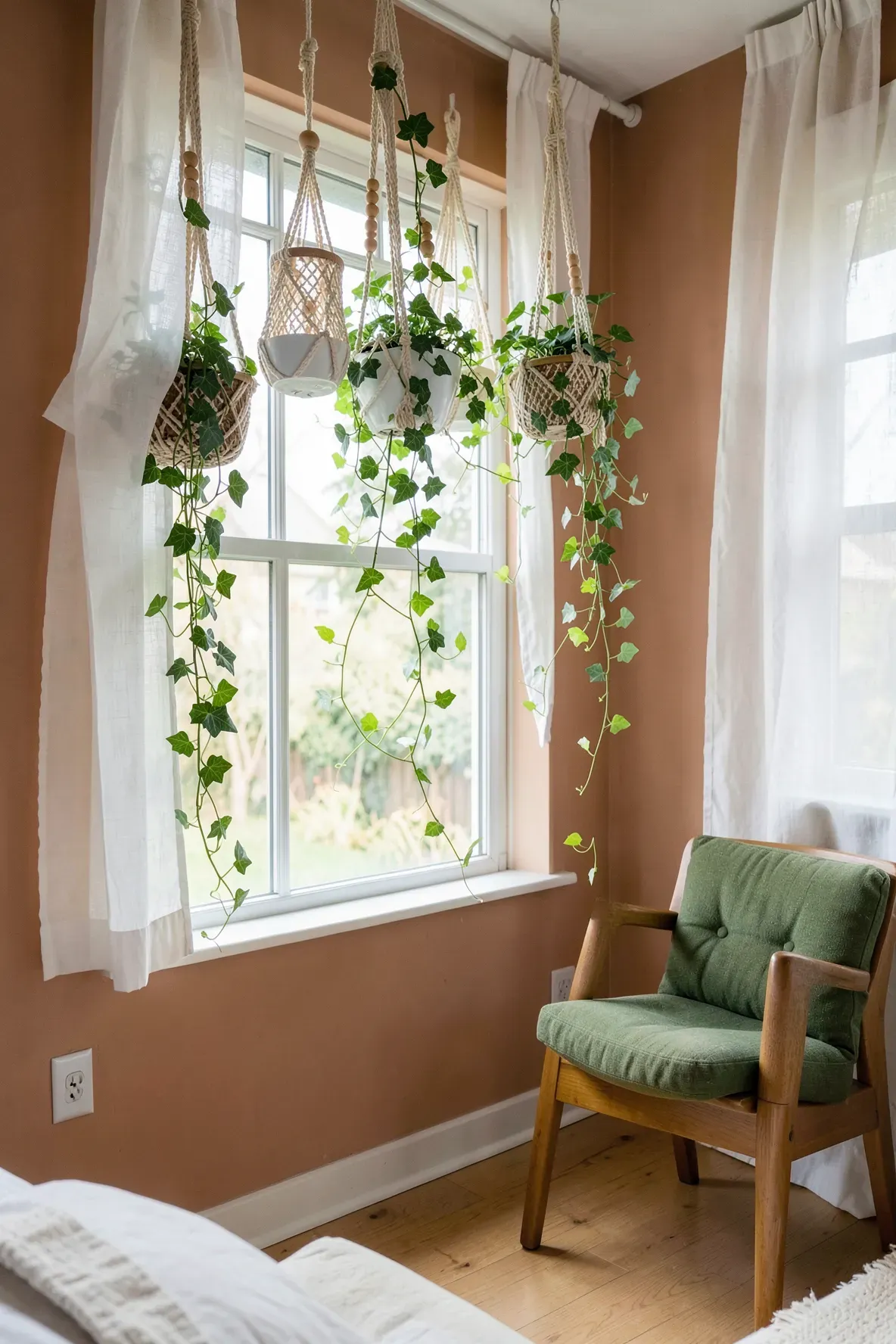 Hanging macramé planters with green ivy plants in front of a bright bedroom window.