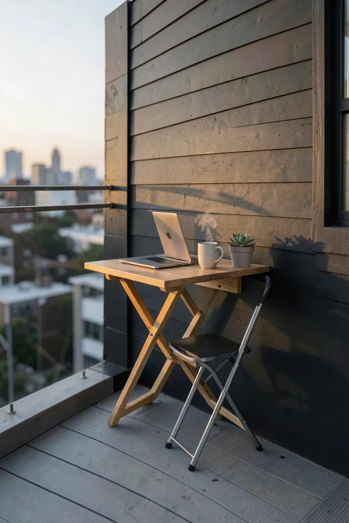 A teak wood wall-mounted folding table on a narrow patio with a laptop and mug.