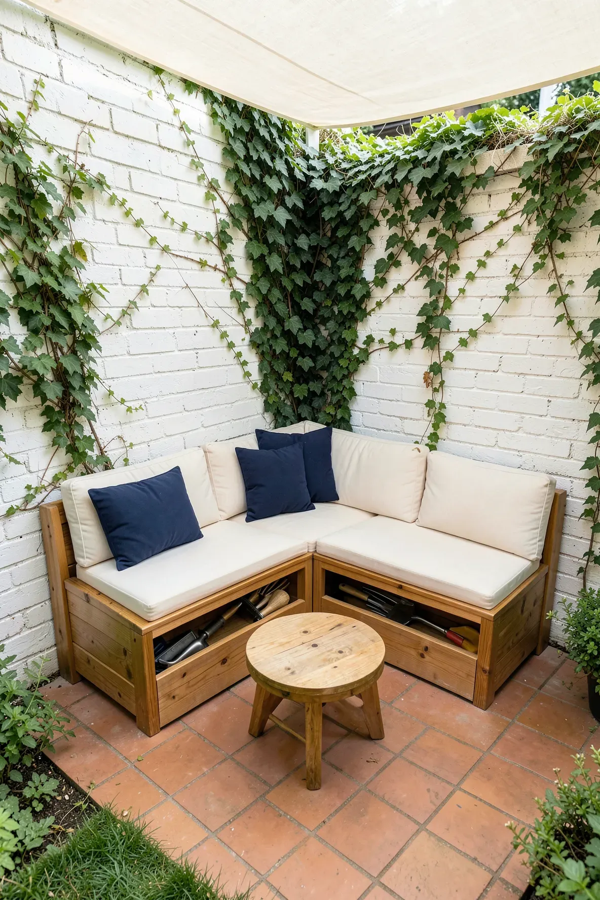 A wooden L-shaped corner bench with cream cushions and built-in storage on a tile patio.