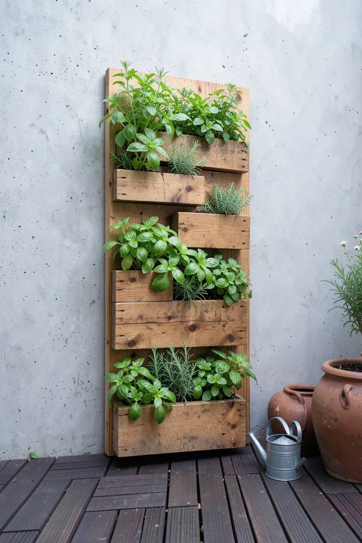 A vertical cedar herb garden with fresh basil and rosemary mounted on a patio wall.