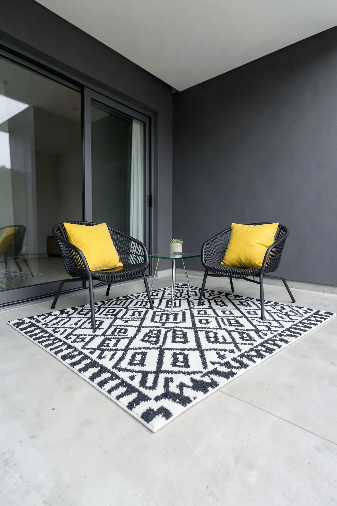 A black and white geometric pattern rug on a modern patio with wicker chairs.
