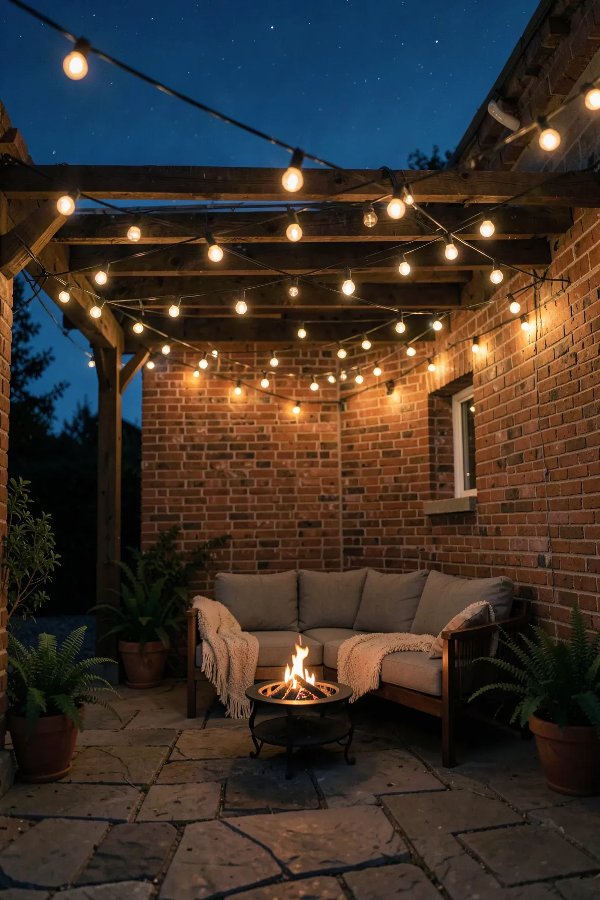 Warm globe string lights crisscrossing over a cozy patio with a fire pit at night.