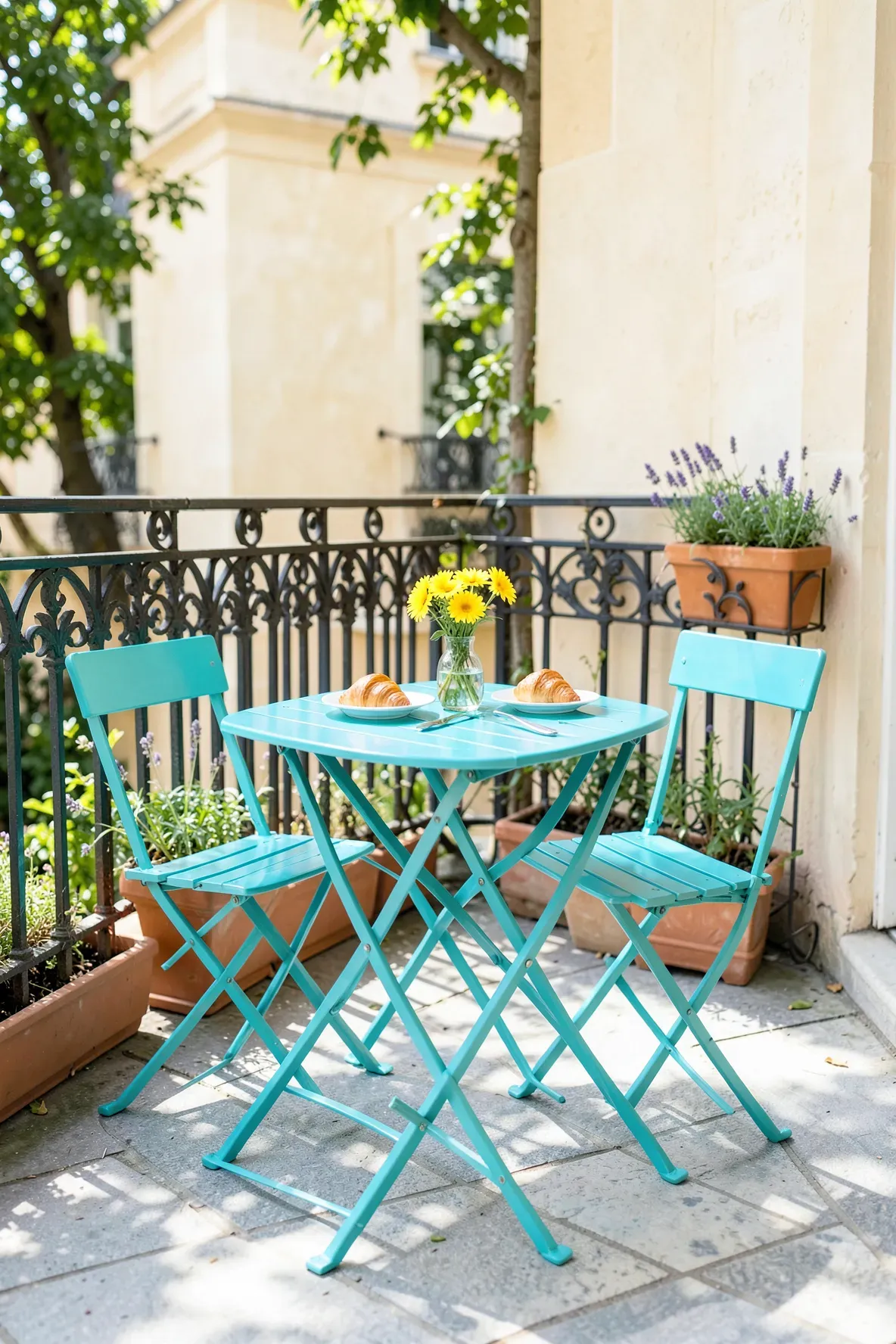 A bright turquoise metal bistro table and chairs on a sunny stone patio.