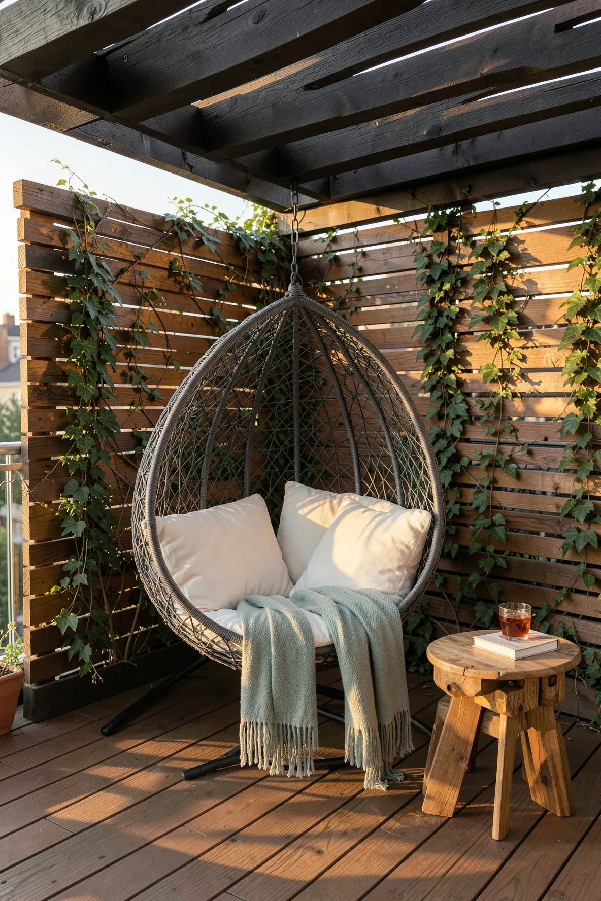 A stylish wicker hanging egg chair with plush white cushions on a modern wood-decked patio.