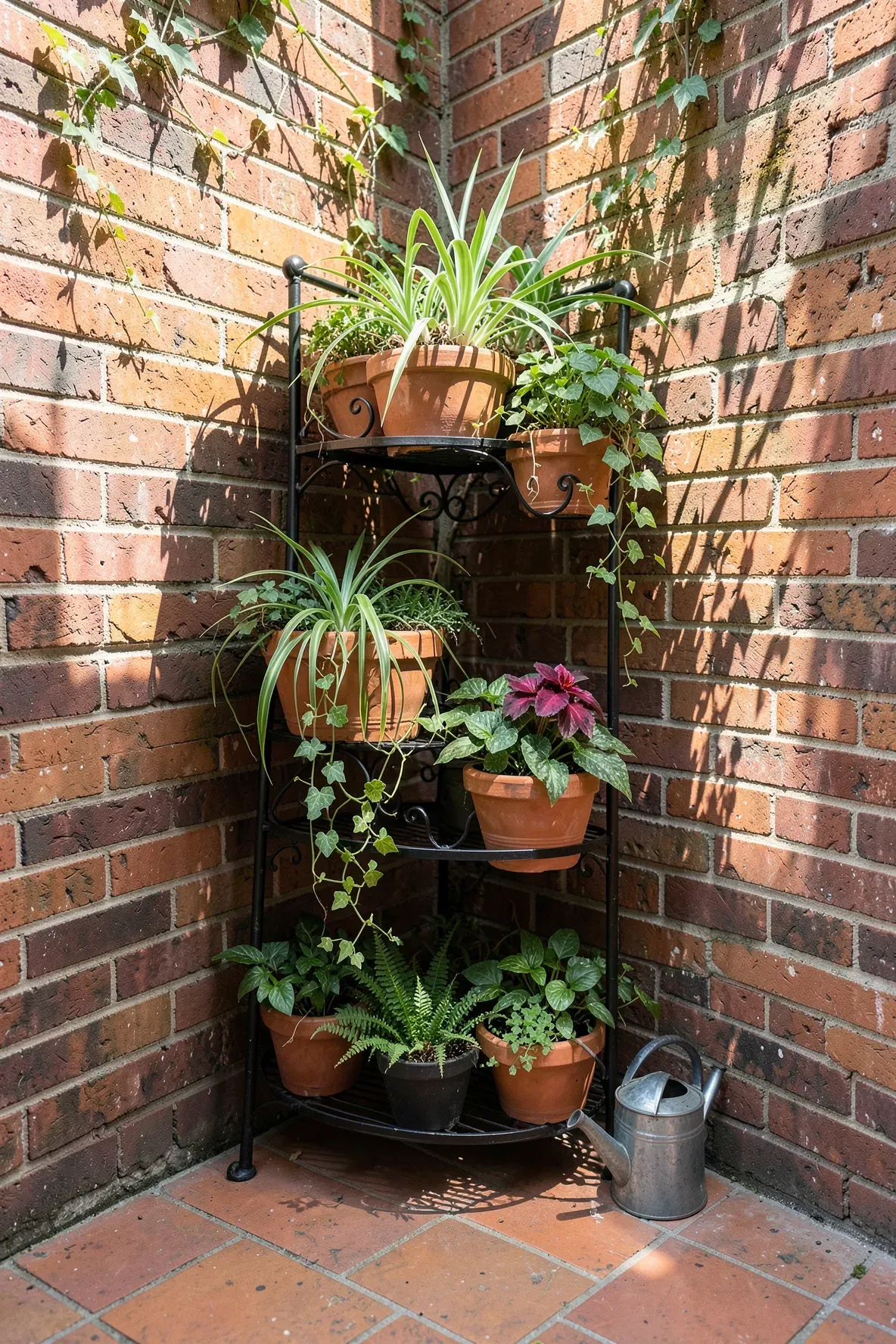 A black metal tiered plant stand filled with various green plants in a patio corner.