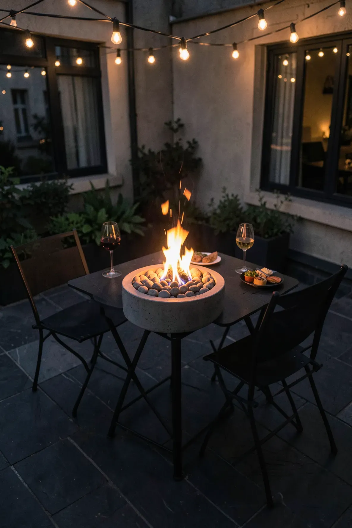 A concrete tabletop fire bowl with a flickering flame on a small patio table at night.