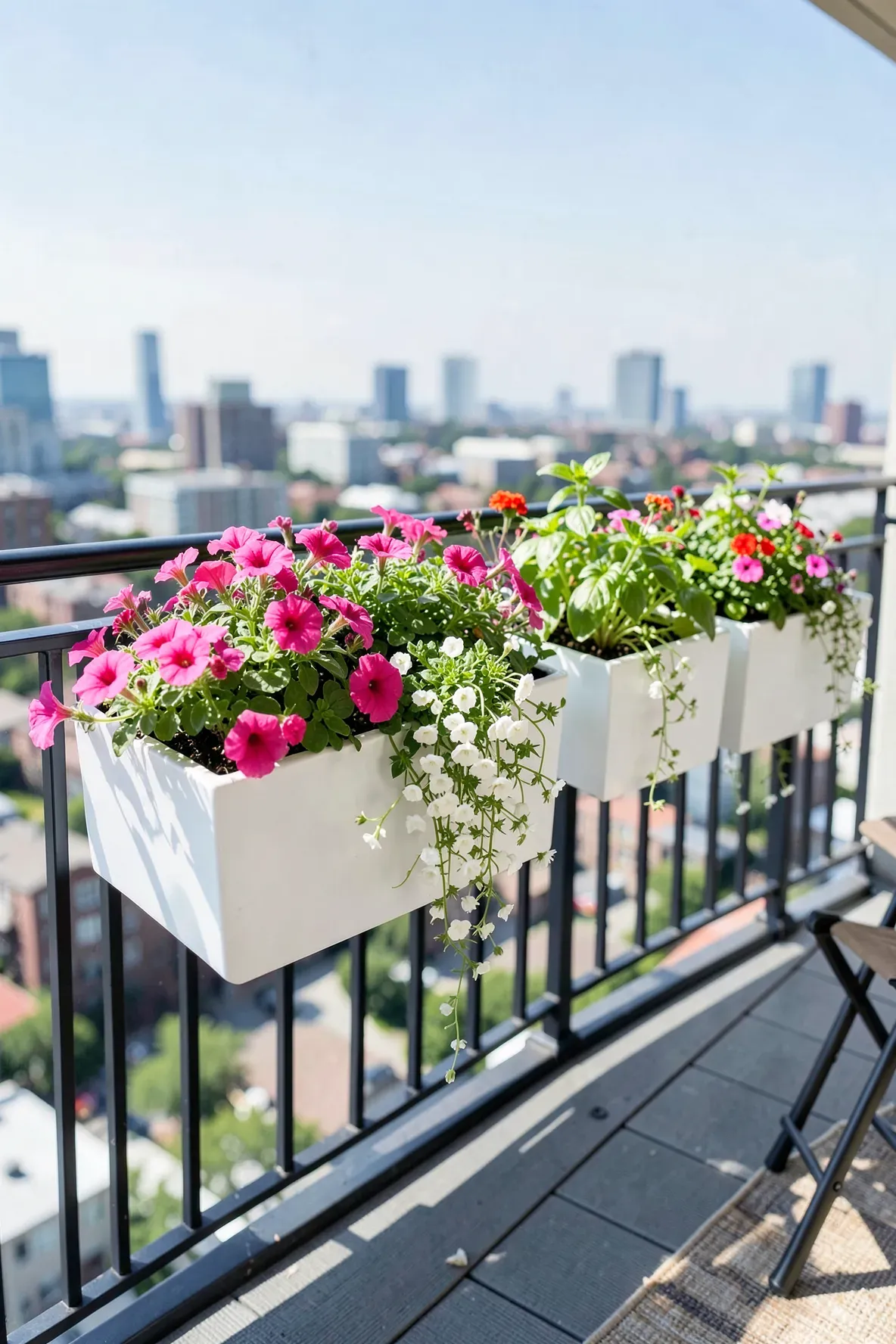 White over-the-rail planter boxes filled with pink and white flowers on a balcony railing.