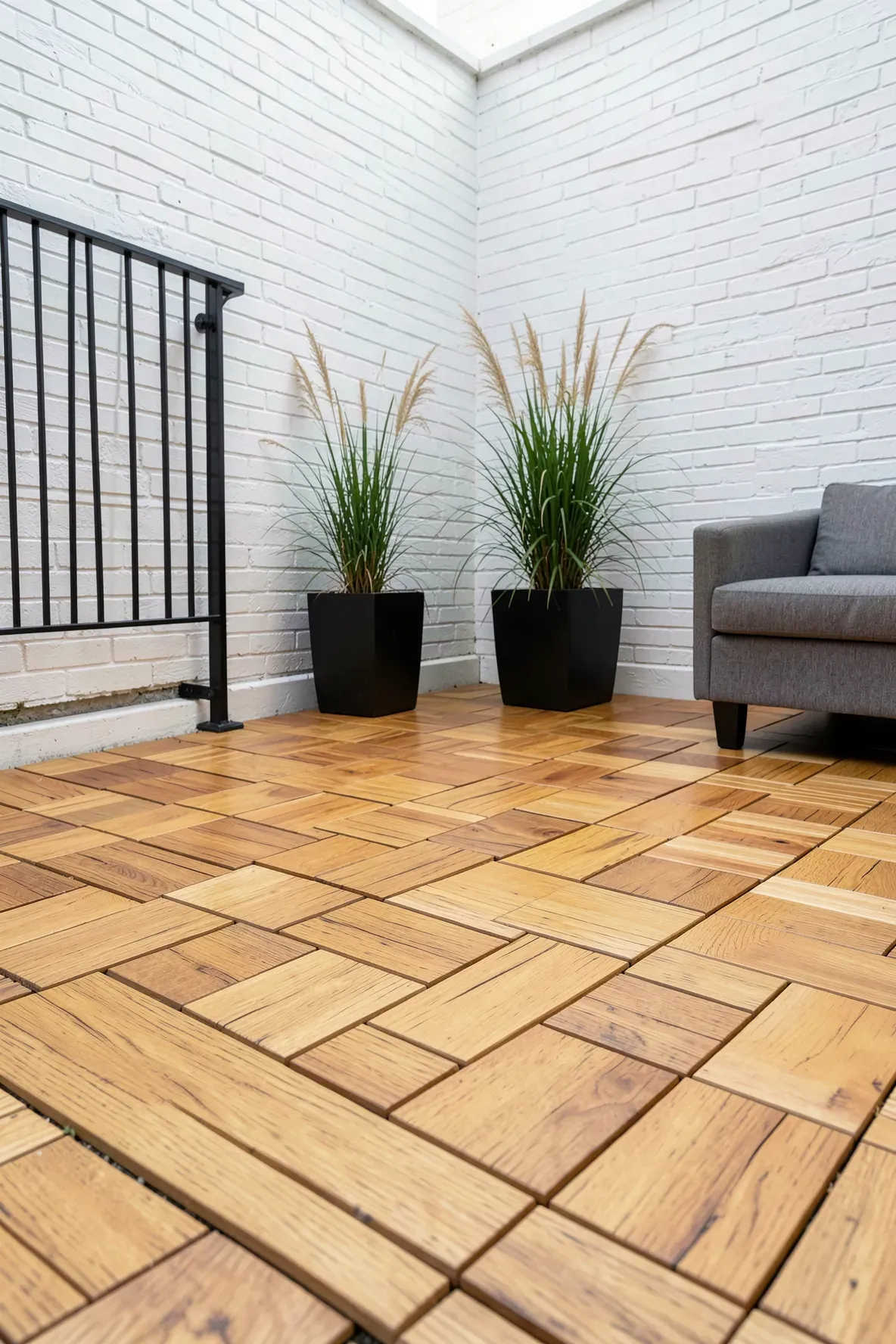 Interlocking teak wood deck tiles installed over a concrete floor on a small, stylish patio.