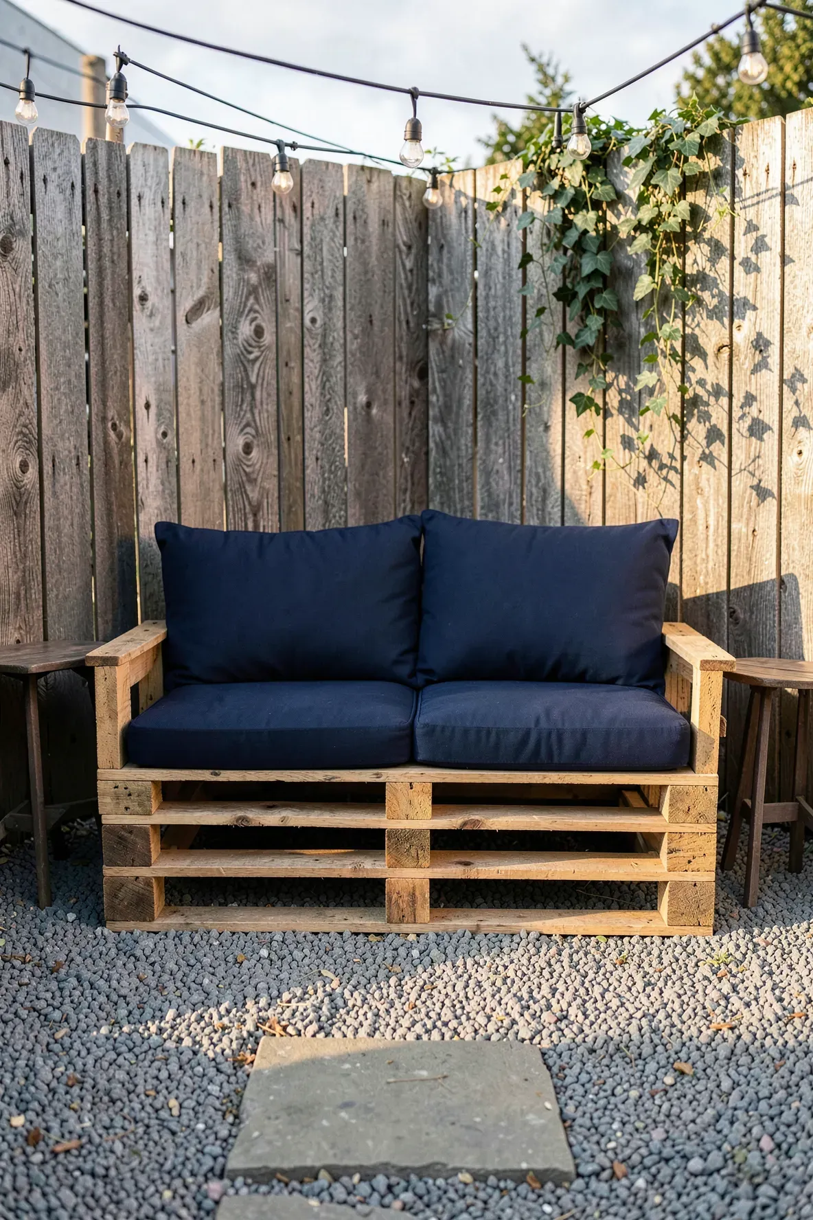 A DIY sofa made from stacked wooden pallets with navy cushions on a cozy gravel patio.