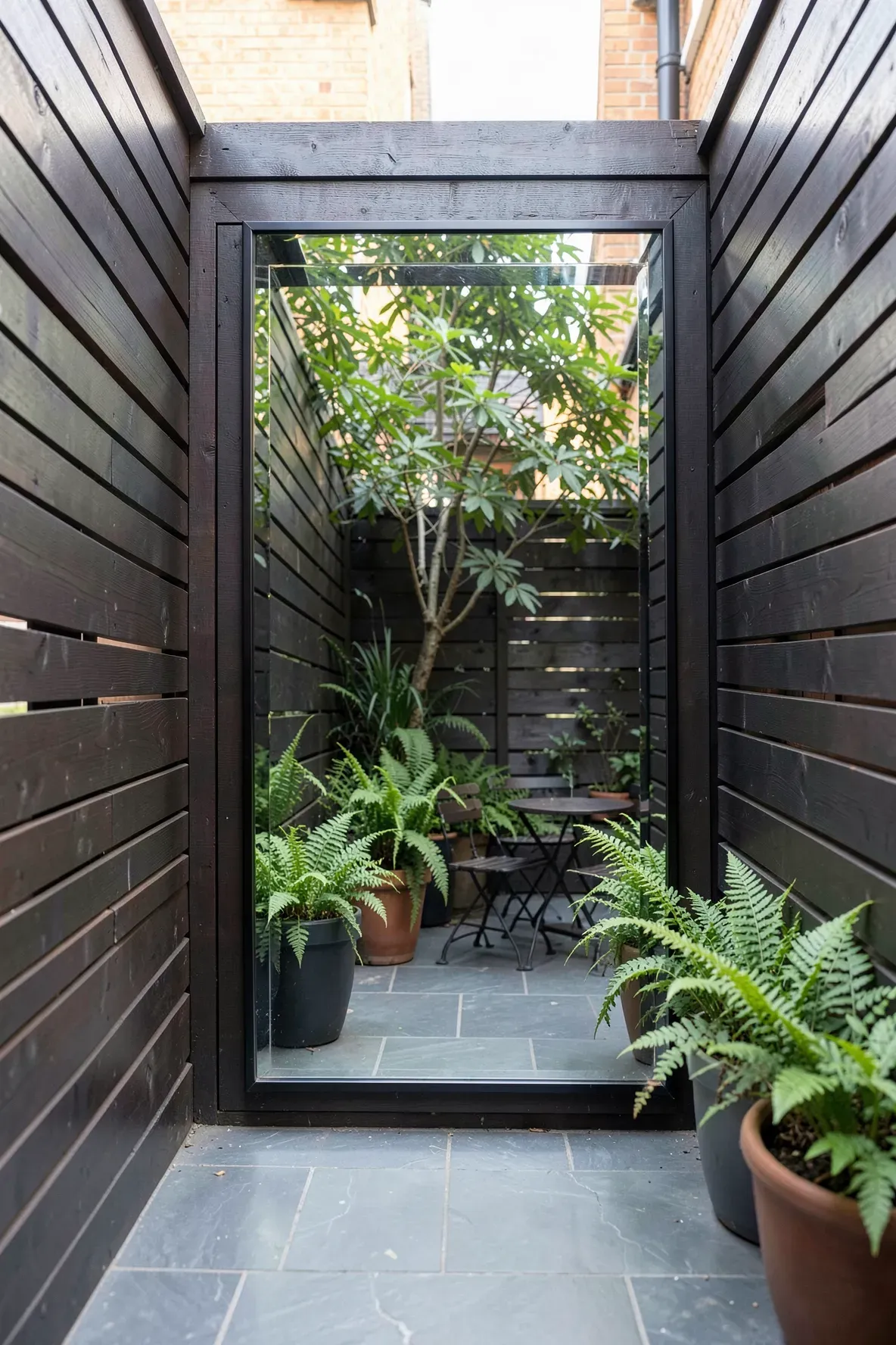 A large outdoor mirror on a dark wood fence reflecting plants to make a small patio look larger.
