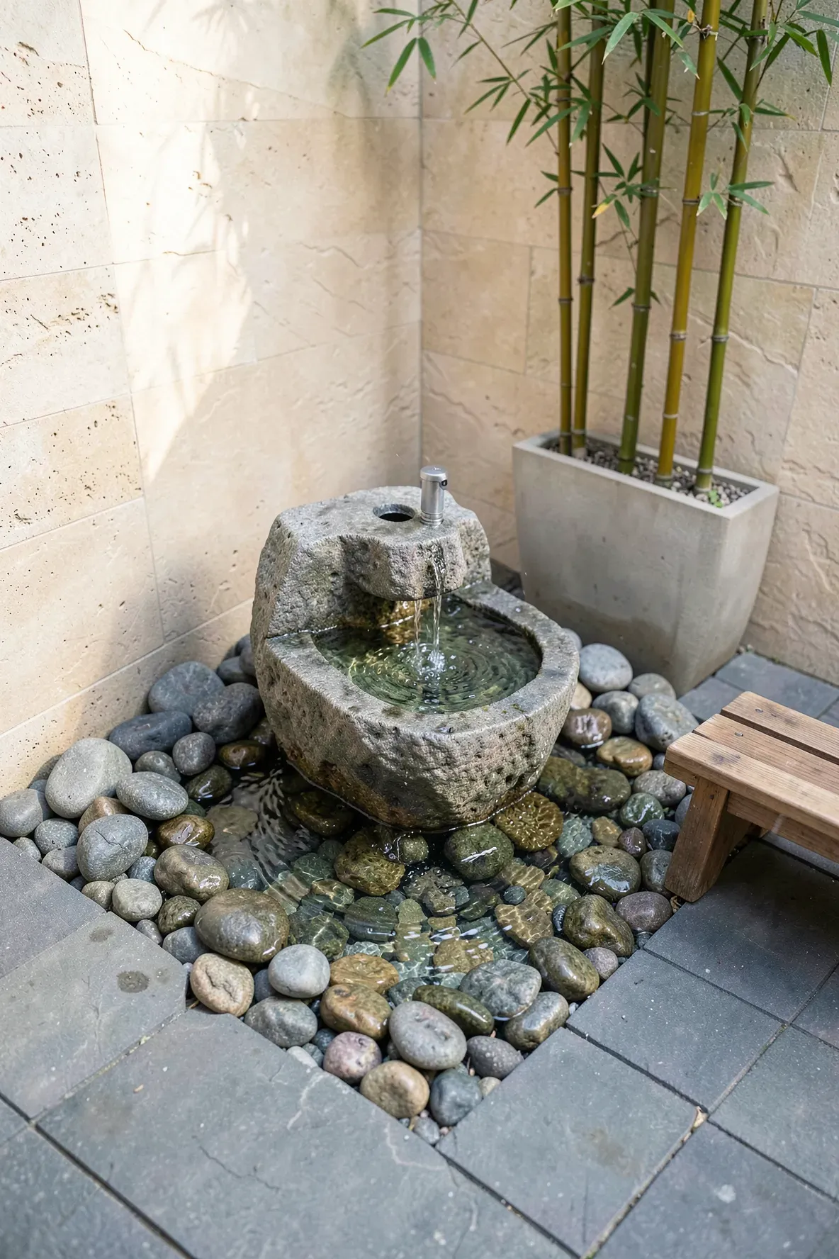 A small stone water fountain with flowing water in the corner of a peaceful, modern patio.