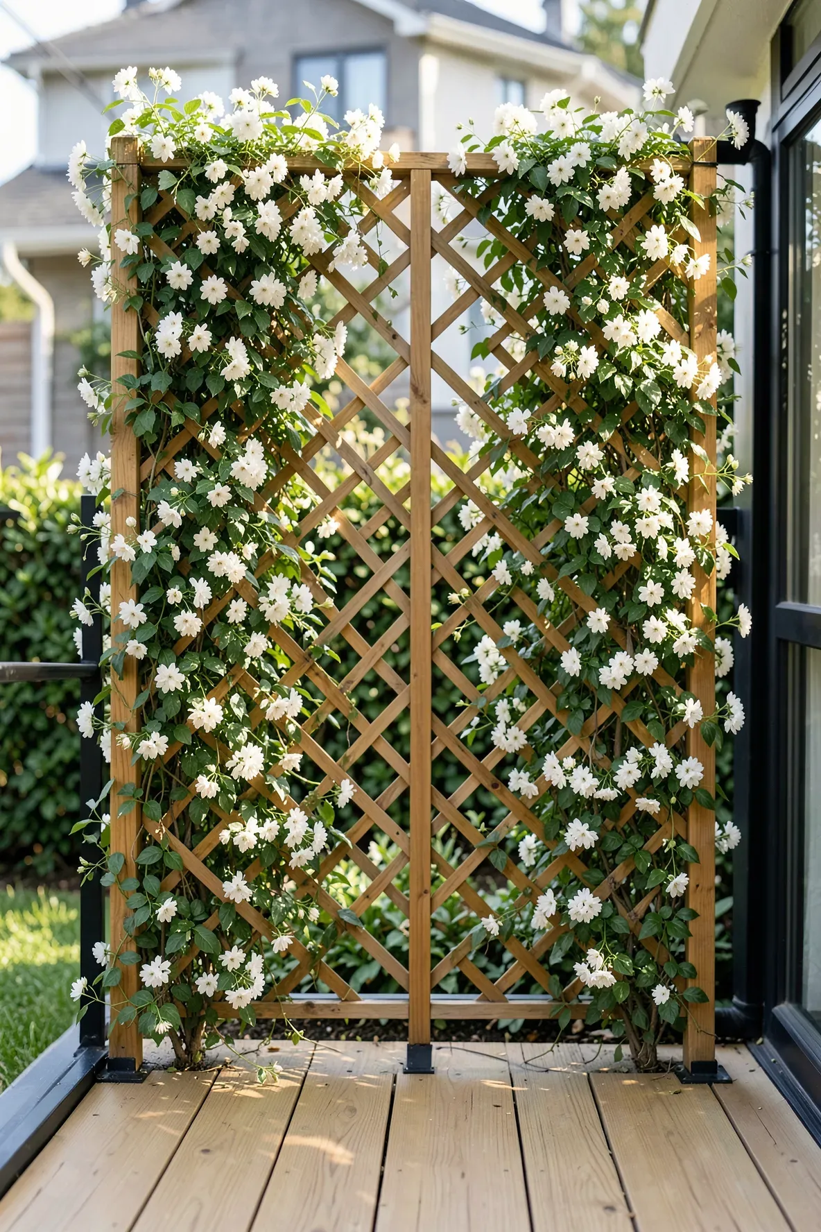 A tall wooden trellis covered in white jasmine vines providing privacy on a small outdoor patio.