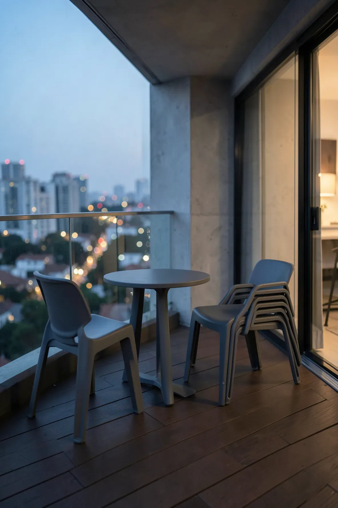 Modern charcoal gray stackable resin chairs neatly arranged on a contemporary wood-decked balcony.