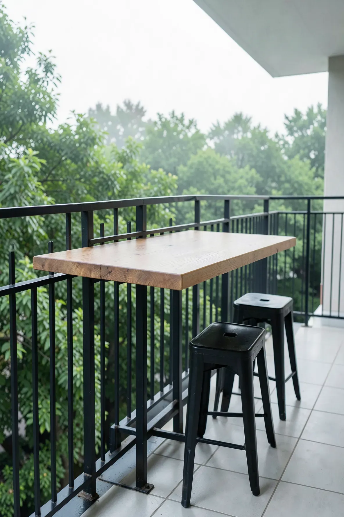 A narrow wooden bar table attached to a balcony railing with two stools tucked underneath.