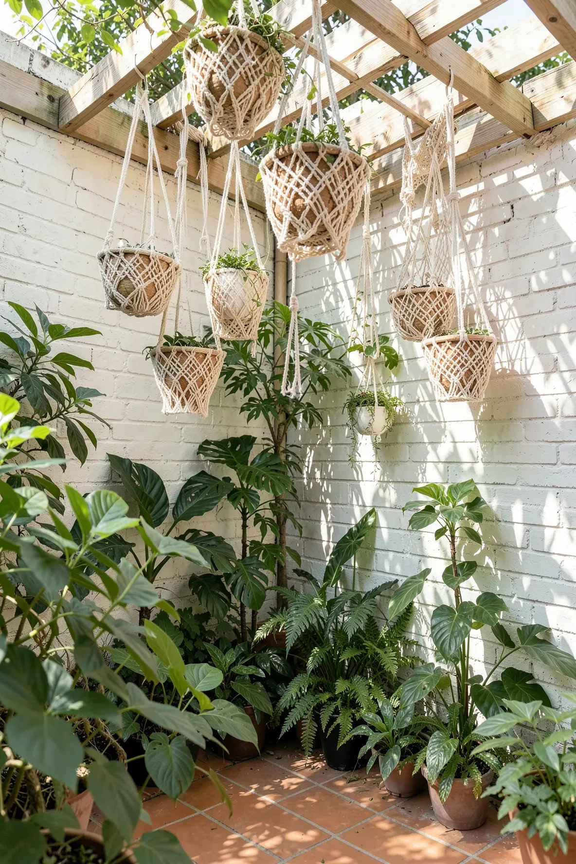 Multiple macrame plant hangers with green trailing plants hanging at different heights on a patio.