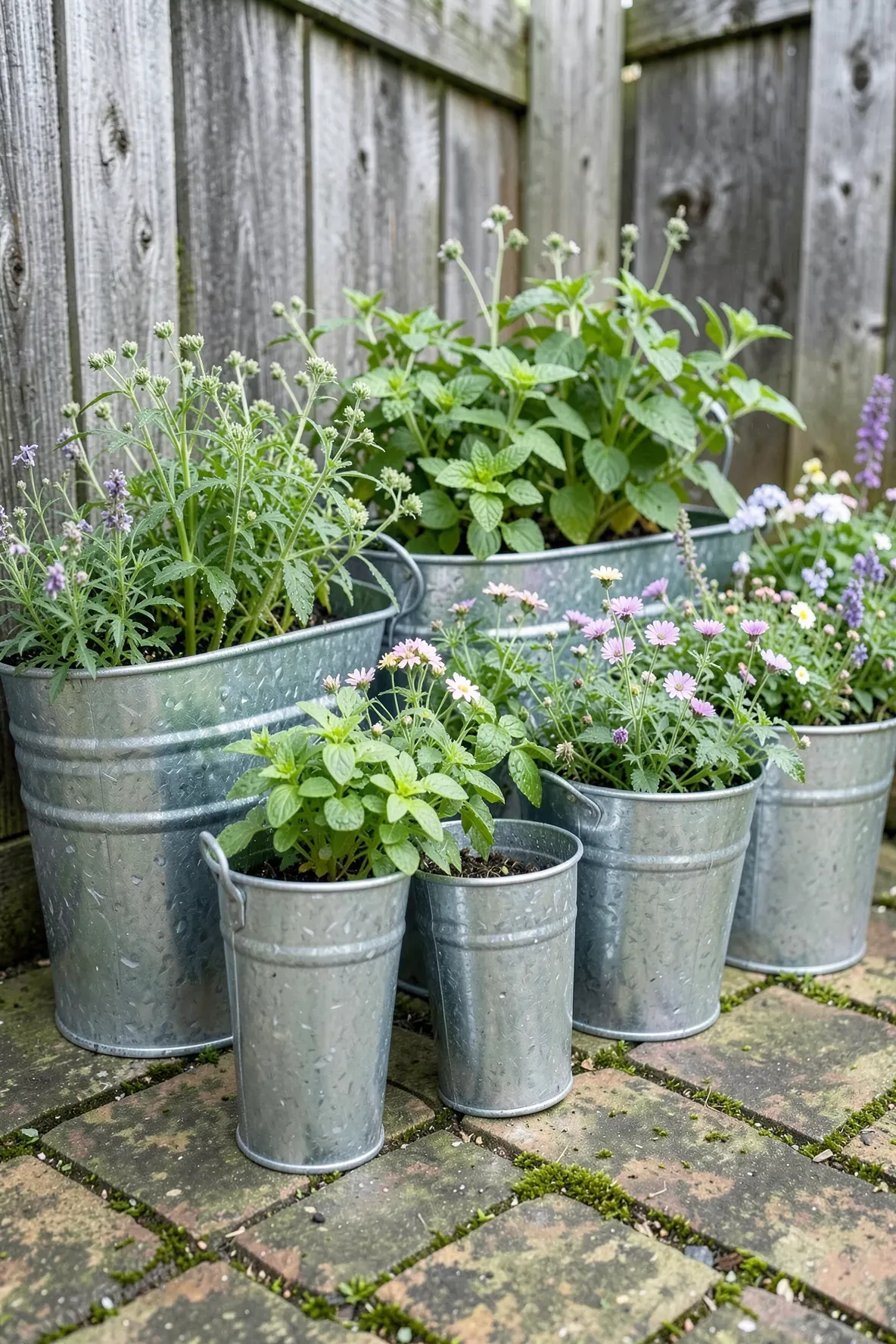 Several galvanized steel tubs of different sizes used as planters for herbs on a stone patio.
