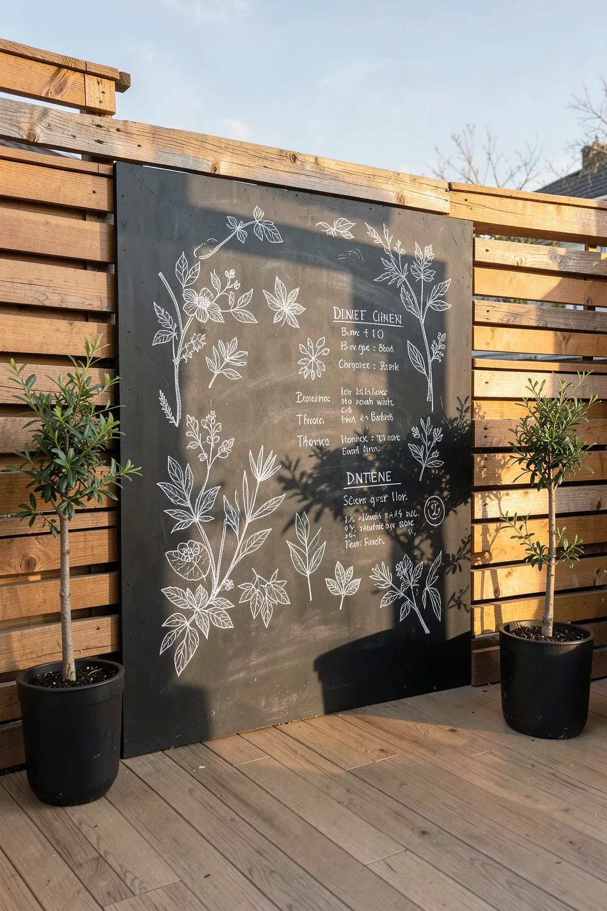 A section of a wooden patio fence painted with black chalkboard paint and decorated with chalk art.