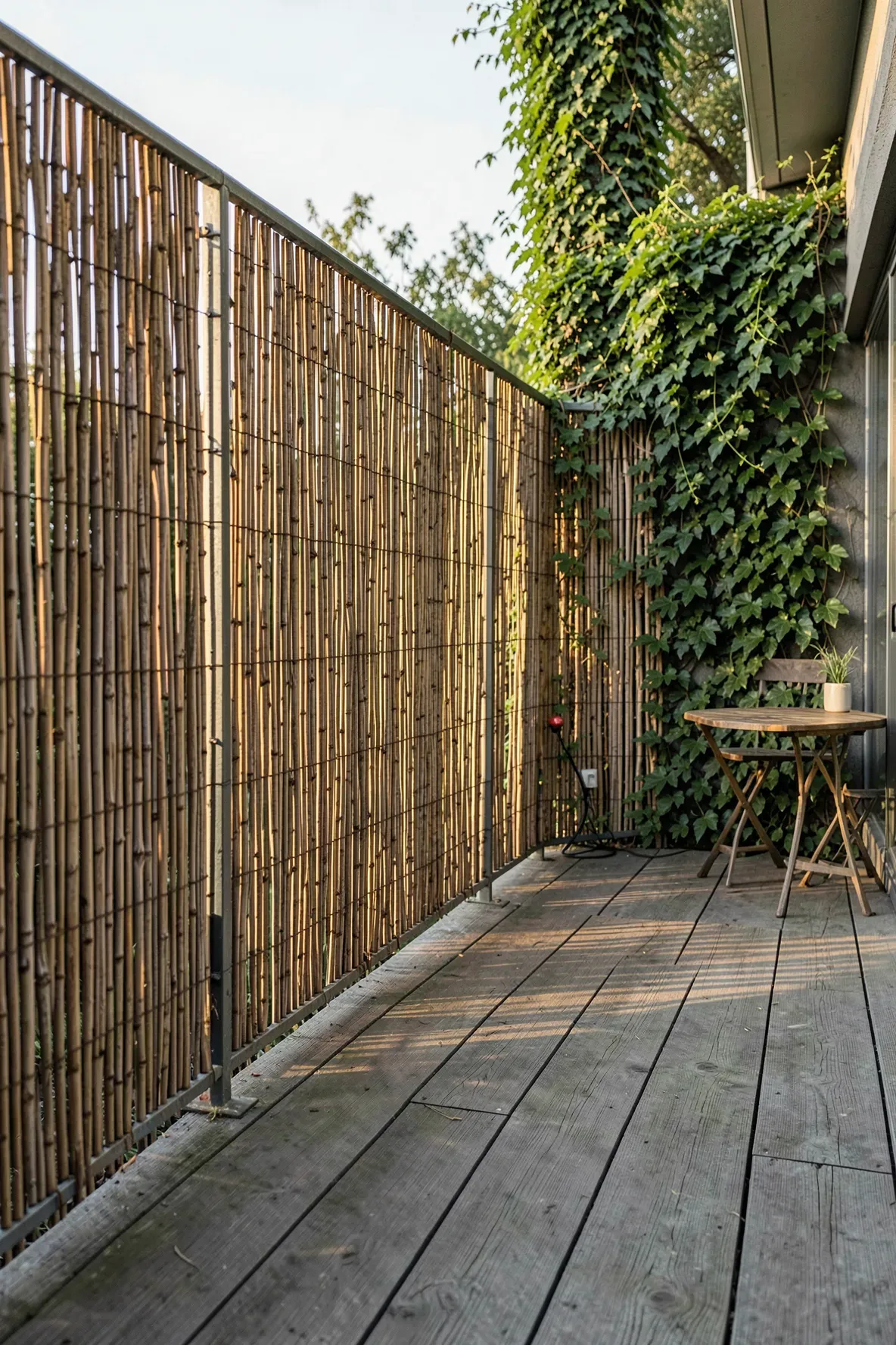 Natural woven willow fencing rolls used as a privacy screen on a small decorated patio.