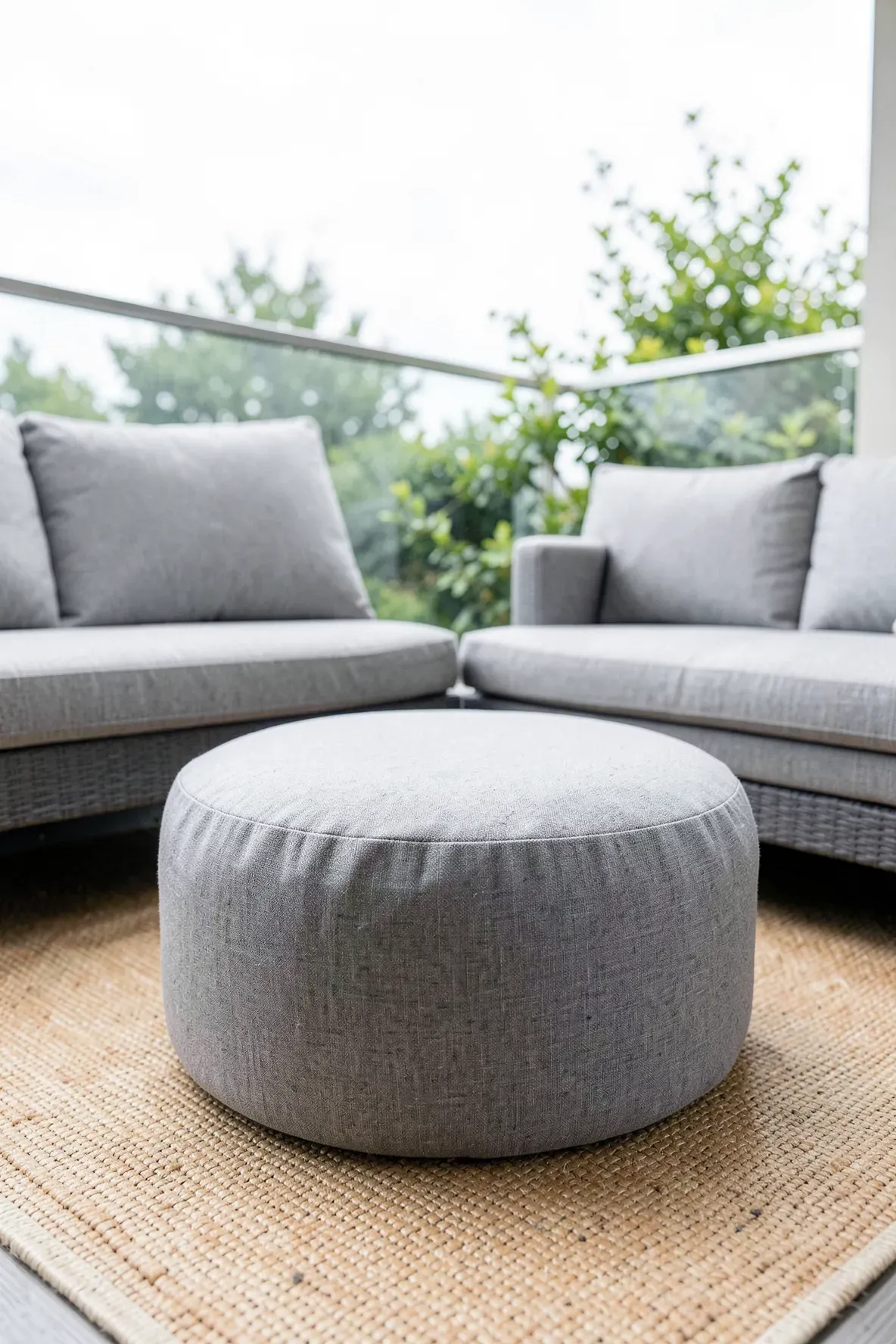 A grey fabric-covered inflatable ottoman used as a footrest on a small decorated balcony.