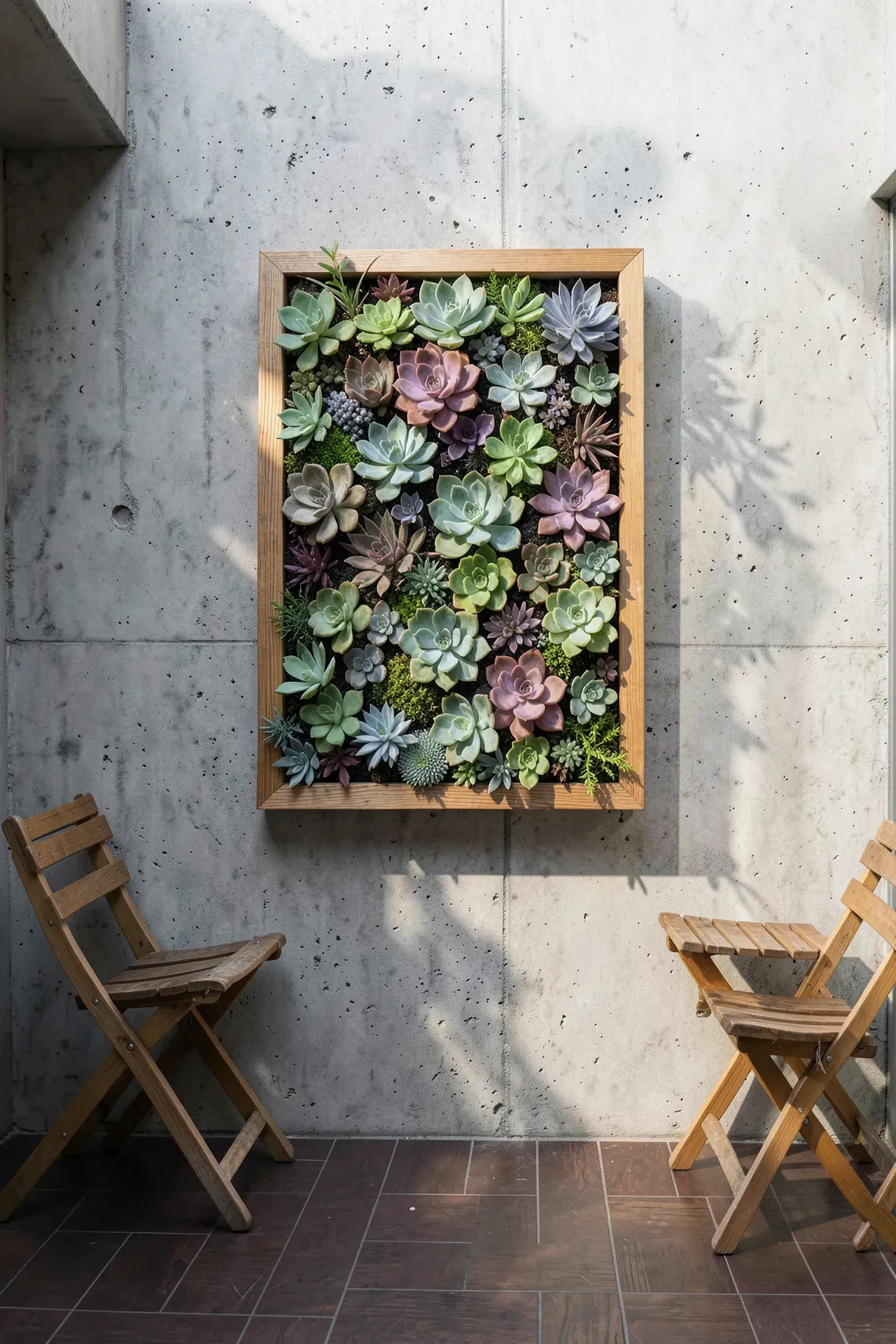 A living wall-mounted picture frame filled with green and purple succulents on a patio wall.