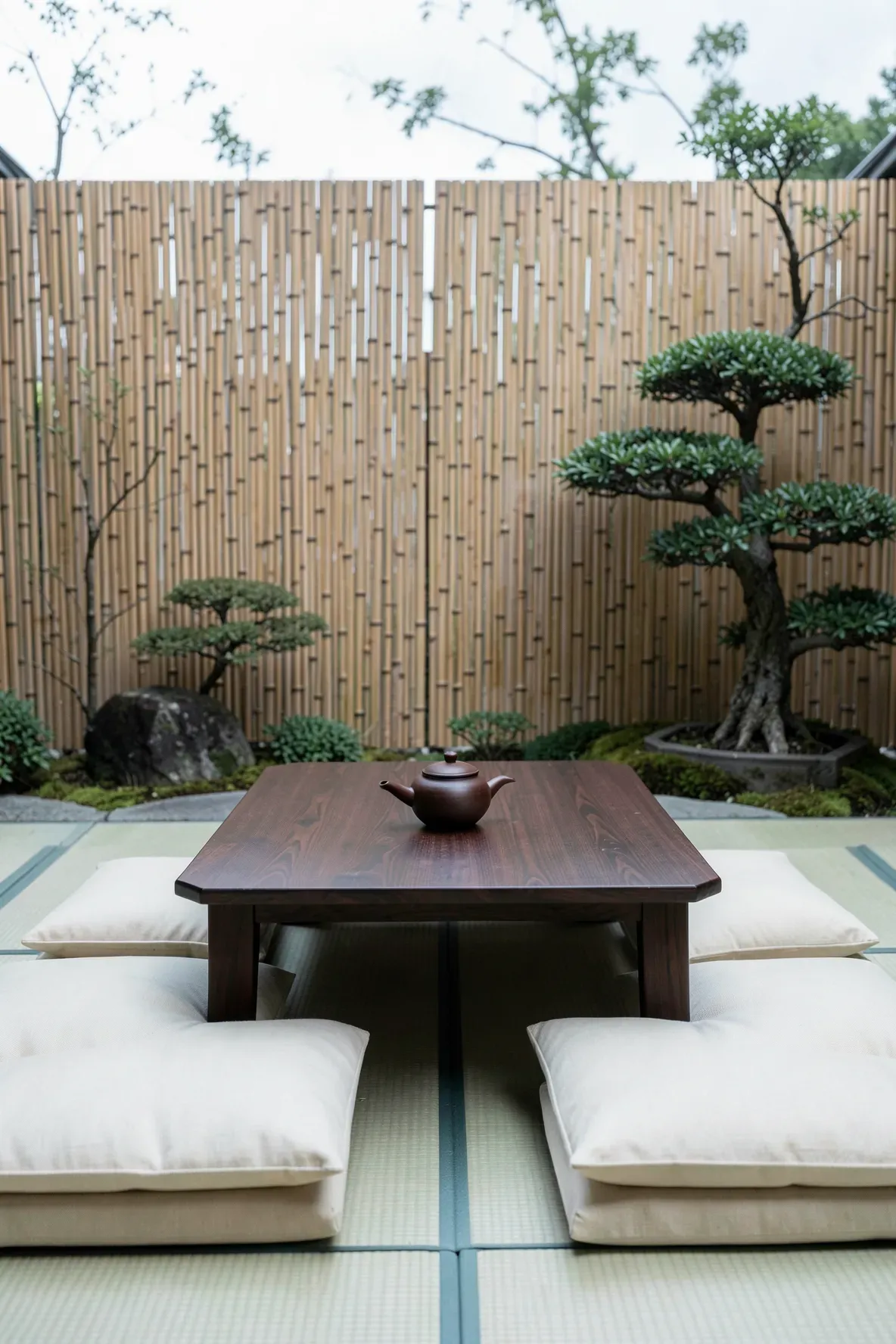 A low-profile Japanese tea table with floor cushions on a serene, small outdoor patio.