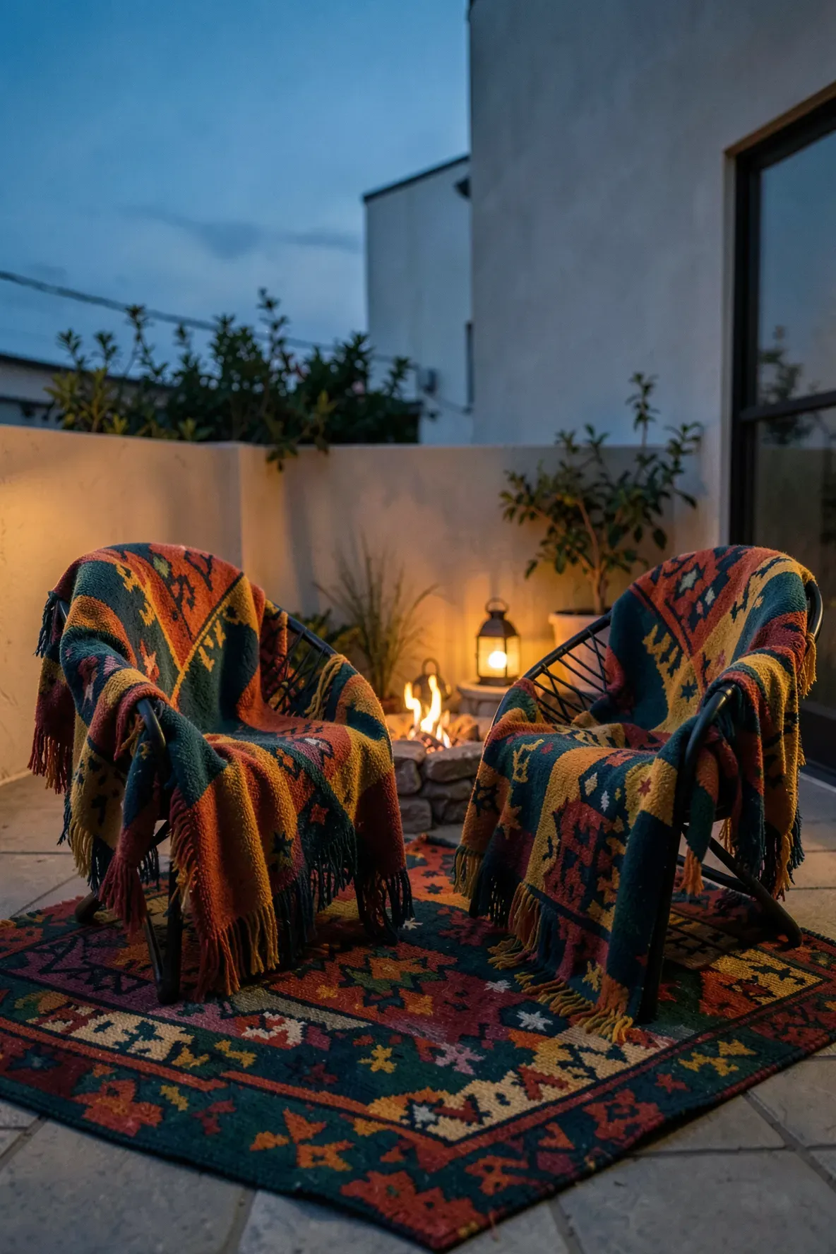 Colorful patterned throw blankets draped over chairs on a small patio for a cozy evening.