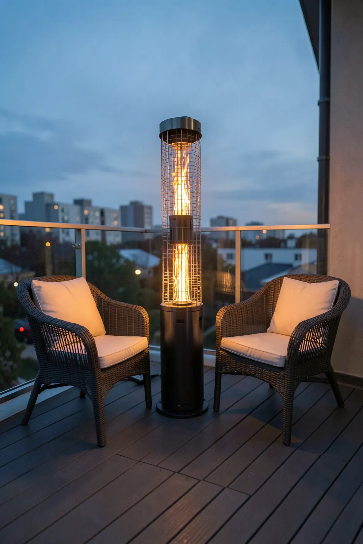 A modern black propane heater standing on a stylish small patio during a cozy autumn evening.