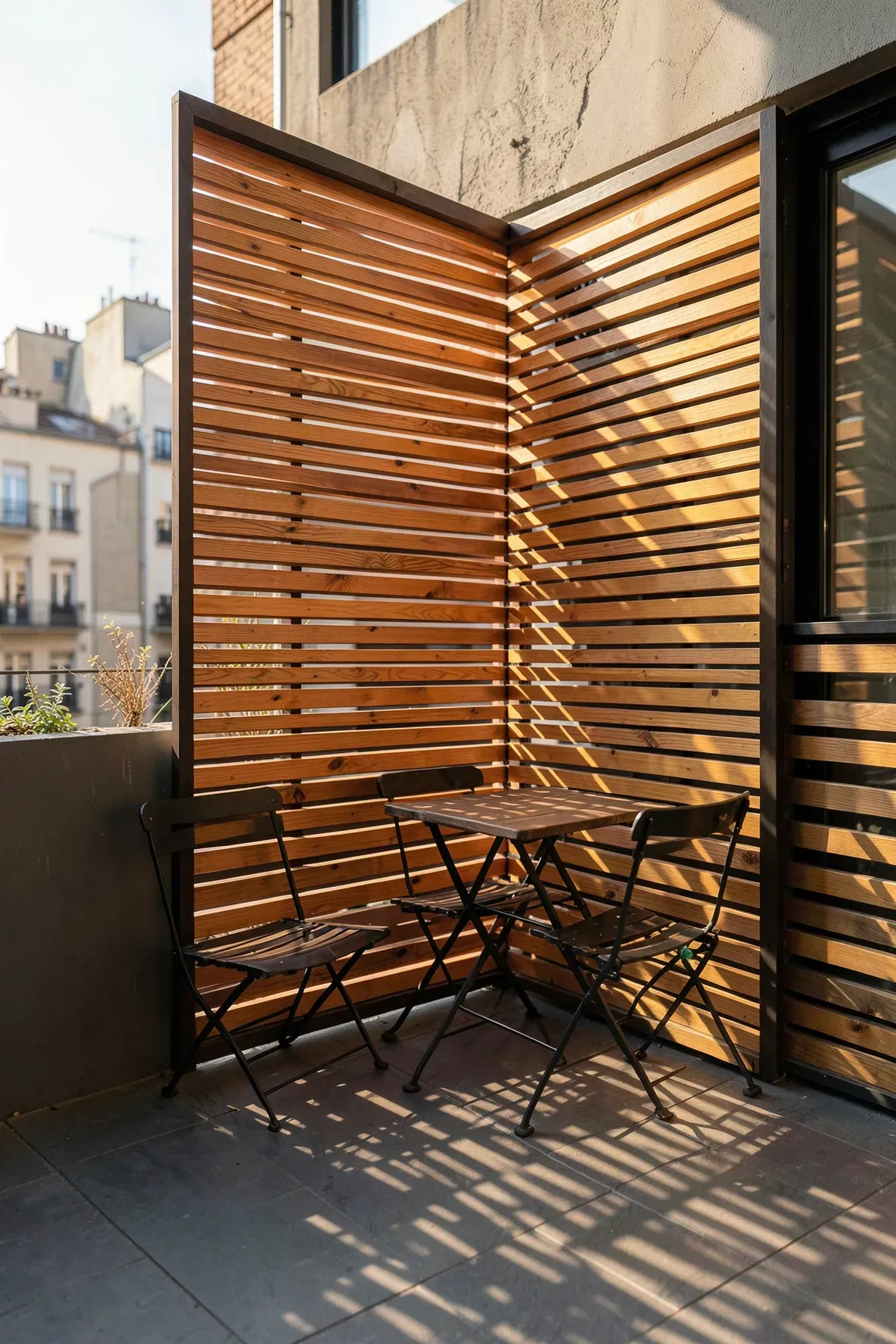 A stylish horizontal wood slat privacy screen providing shade and seclusion on a small patio.